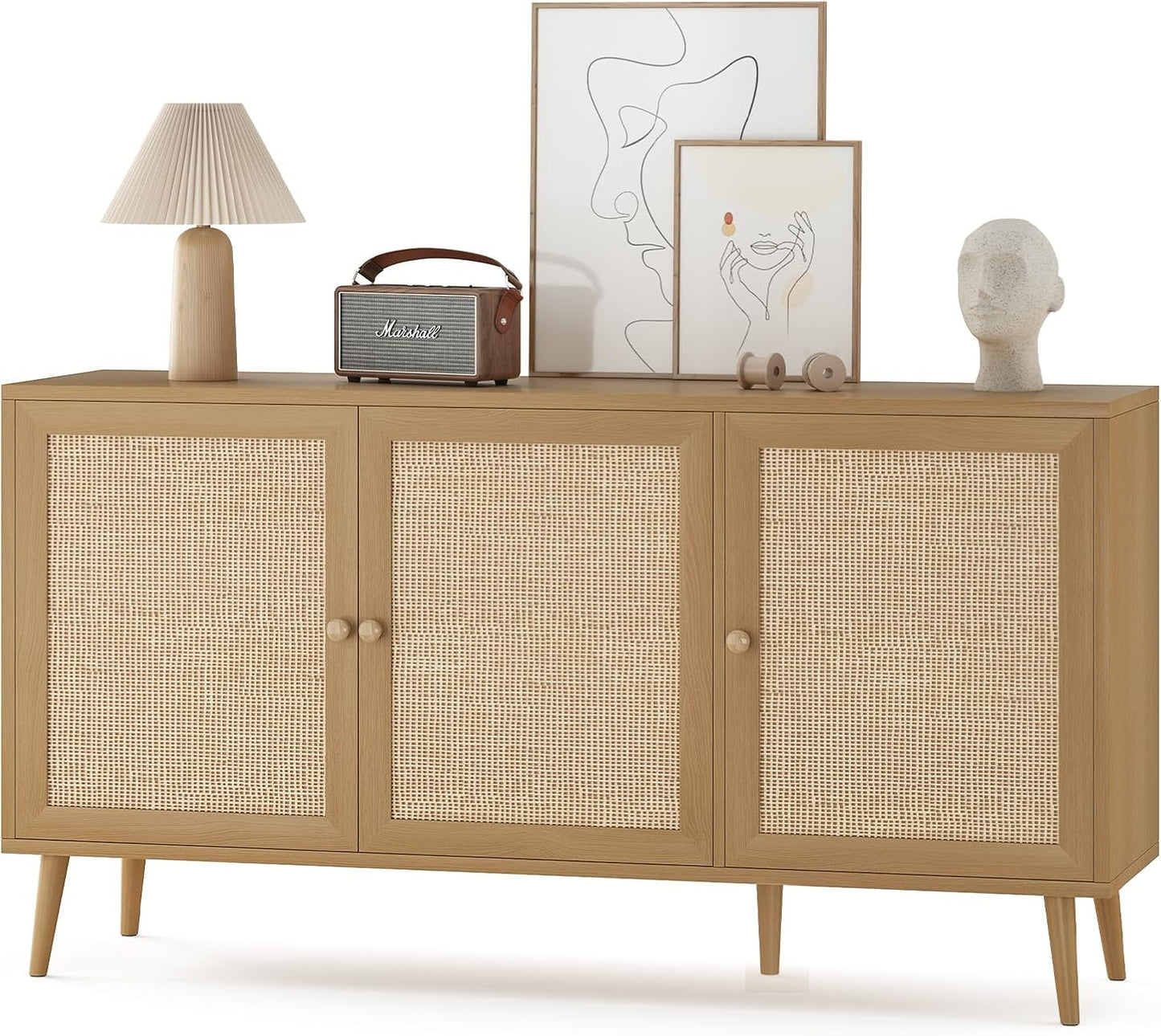 Farini Modern Sideboard Buffet, 3-Door Rattan Storage Cabinet for Kitchen, Living Room & Entryway