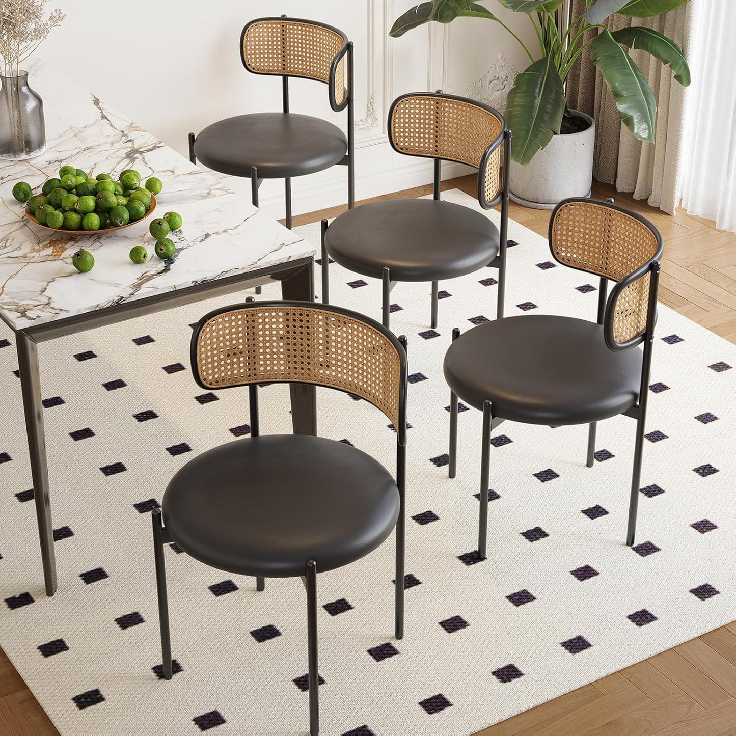 Farini Dining Chairs Set of 4, PU Leather Upholstered Seat with Woven Rattan Back, Sturdy Metal Legs Modern Side Chairs for Kitchen Living Room Restaurant