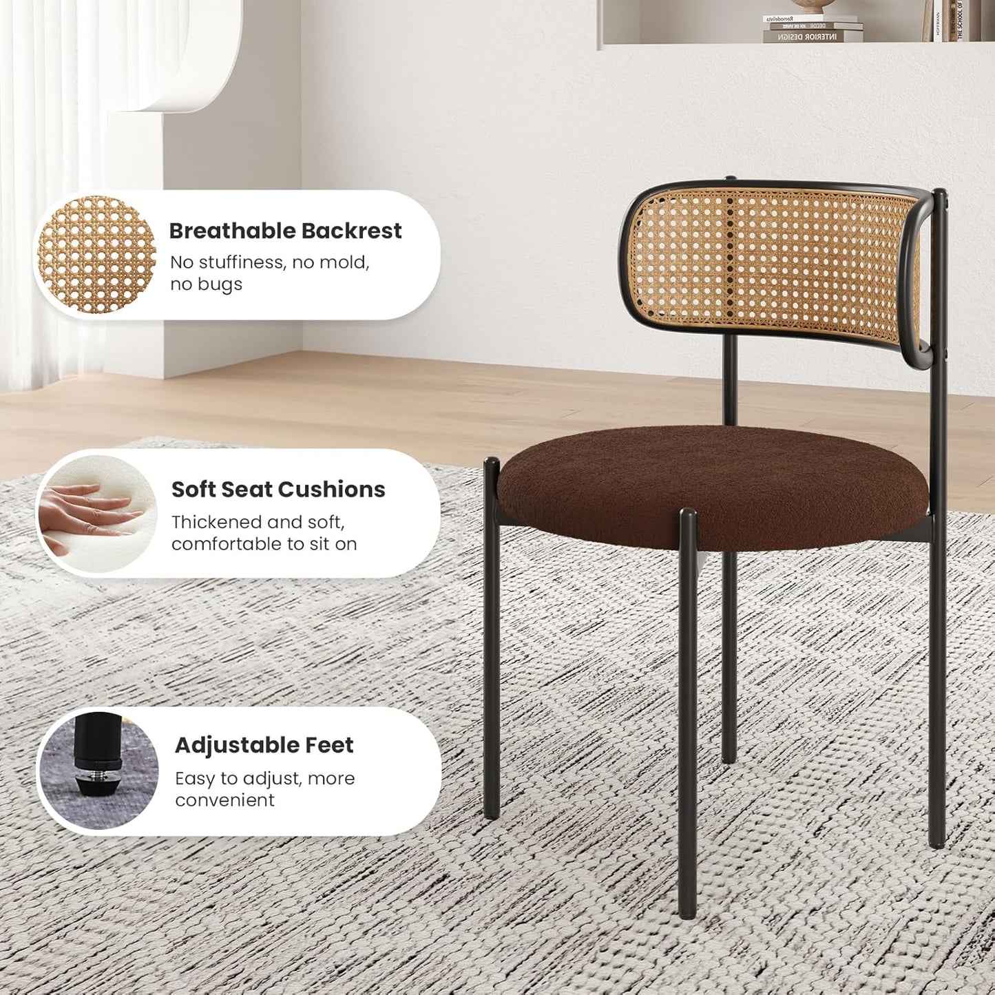 Farini Modern Upholstered Dining Chairs, Set of 2, Rattan Back Kitchen Chairs with Metal Legs, Coffee