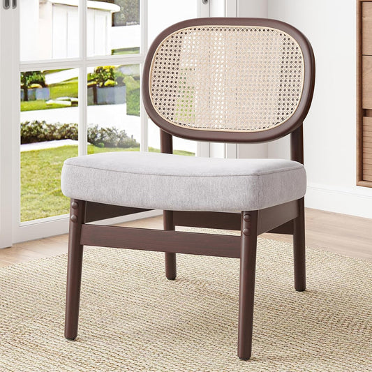 Farini Rattan Accent Chair, Upholstered Living Room Chair with Rattan Back & Wood Frame, Mid-Century Modern Reading Chair for Living Room, Bedroom