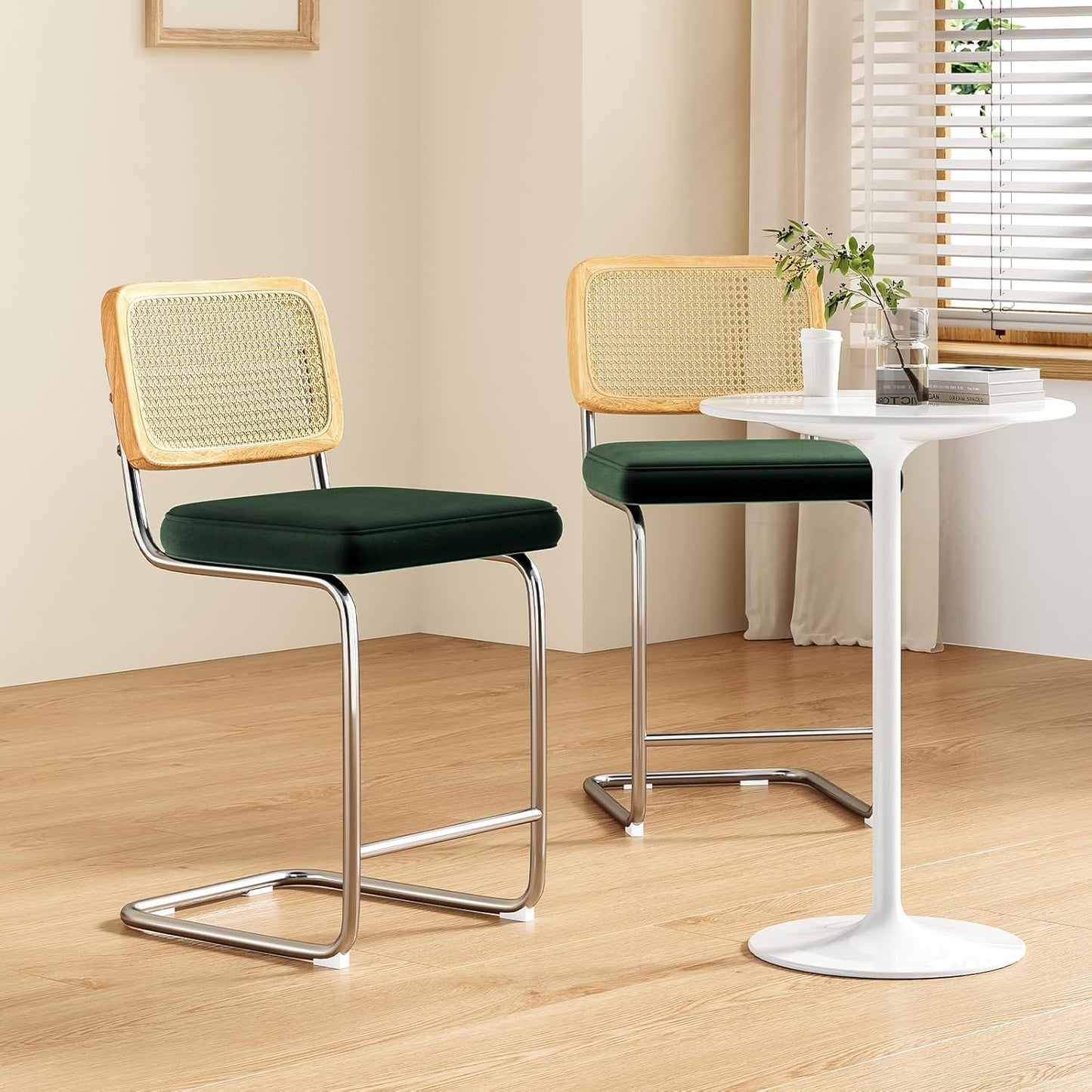 Farini Counter Height Bar Stools Set of 2, Upholstered Velvet Barstools with Rattan Back, 24 inch Stools Armless Bar Chairs for Kitchen Island