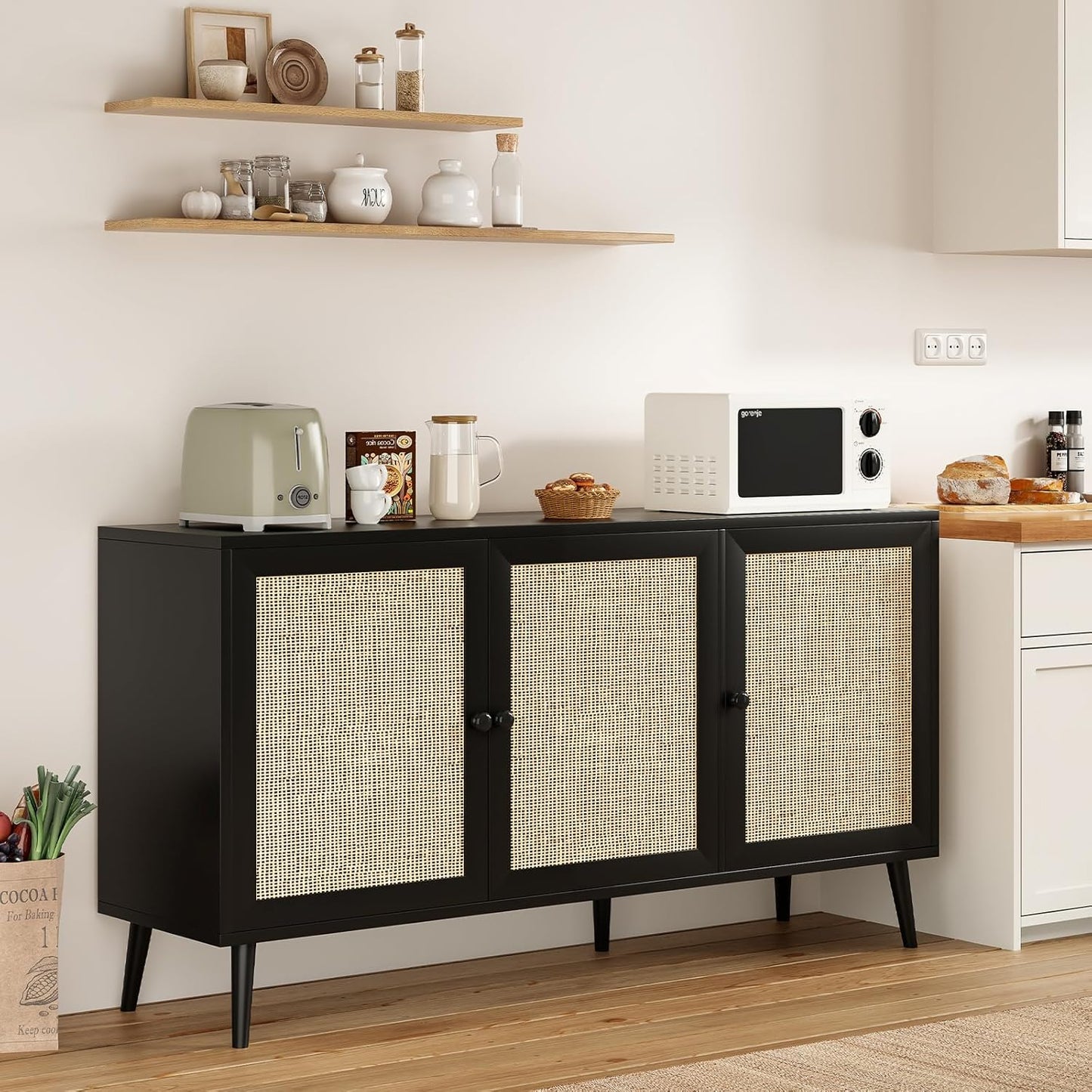 Farini Modern Sideboard Buffet, 3-Door Rattan Storage Cabinet for Kitchen, Living Room & Entryway