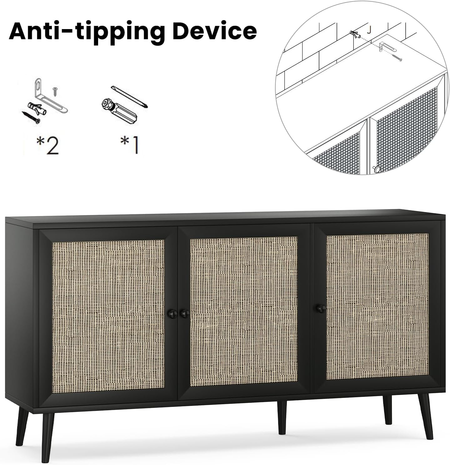 Farini Modern Sideboard Buffet, 3-Door Rattan Storage Cabinet for Kitchen, Living Room & Entryway