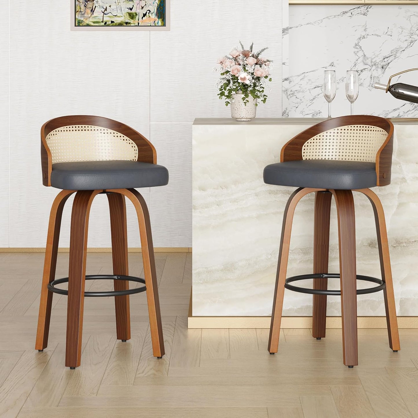 Farini Swivel Bar Stools Set of 2, Modern Wood Frame with Rattan Back, PU Leather Stool for Kitchen Counter, Mid Century Upholstered Barstools with Footrest,Industrial Counter Height Stools