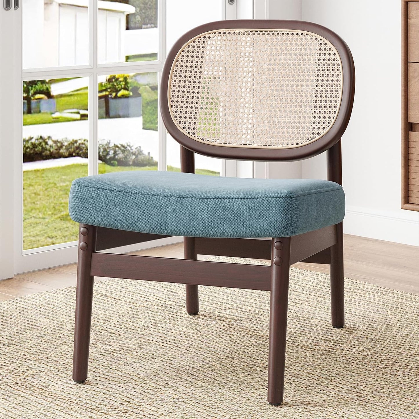 Farini Rattan Accent Chair, Upholstered Living Room Chair with Rattan Back & Wood Frame, Mid-Century Modern Reading Chair for Living Room, Bedroom
