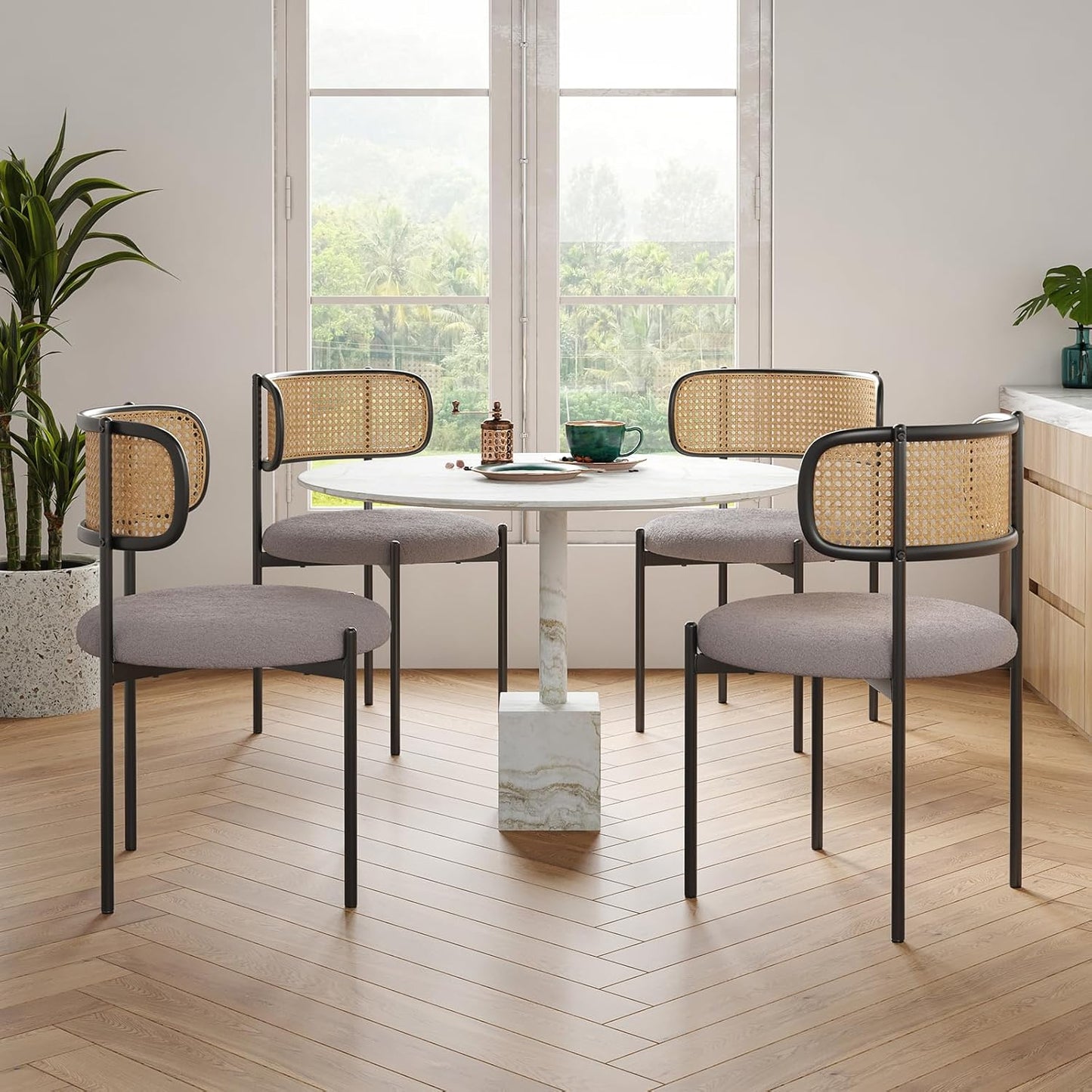 Farini Modern Upholstered Dining Chairs Set of 4,Rattan Back Dining Room Chairs,Accent Kitchen Chairs with Metal Legs,Light Gray