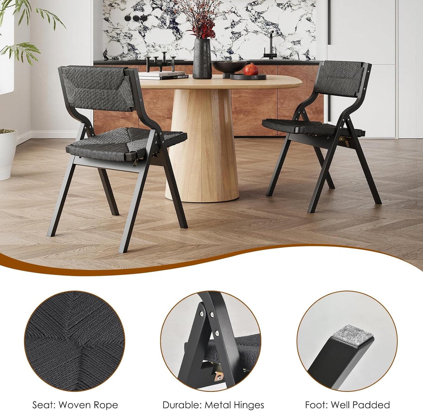 Farini Wood Folding Chairs, Foldable Chairs Wooden Indoor Stackable Dining Chairs for Kitchen & Dining Room Chair Woven Seat & Webbing Back, Dining Chair Set of 2, Woven Rope