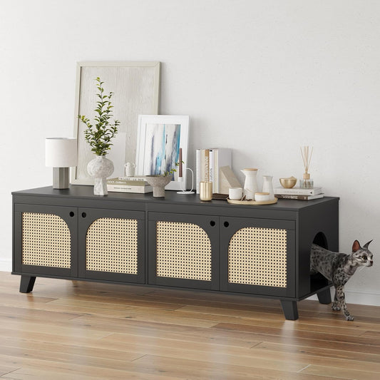 Double Hidden Cat Litter Box Enclosure Furniture Cabinet with Rattan Decorated Doors for Two Cats，Two Entrances
