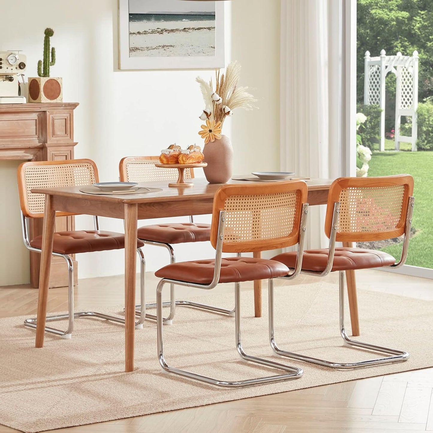 Farini Kitchen Dining Chairs Set of 2,Mid-Century Modern Chair Armless Mesh Backrest Cane Rattan Chairs for Home Dining Room(Brown,PU Leather)
