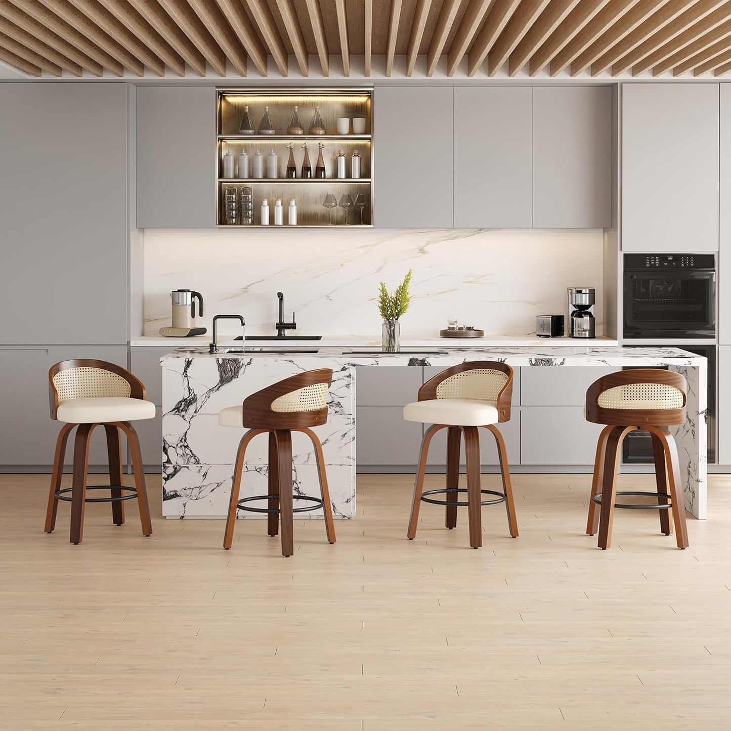 Farini Swivel Bar Stools Set of 2, Modern Wood Frame with Rattan Back, PU Leather Stool for Kitchen Counter, Mid Century Upholstered Barstools with Footrest,Industrial Counter Height Stools