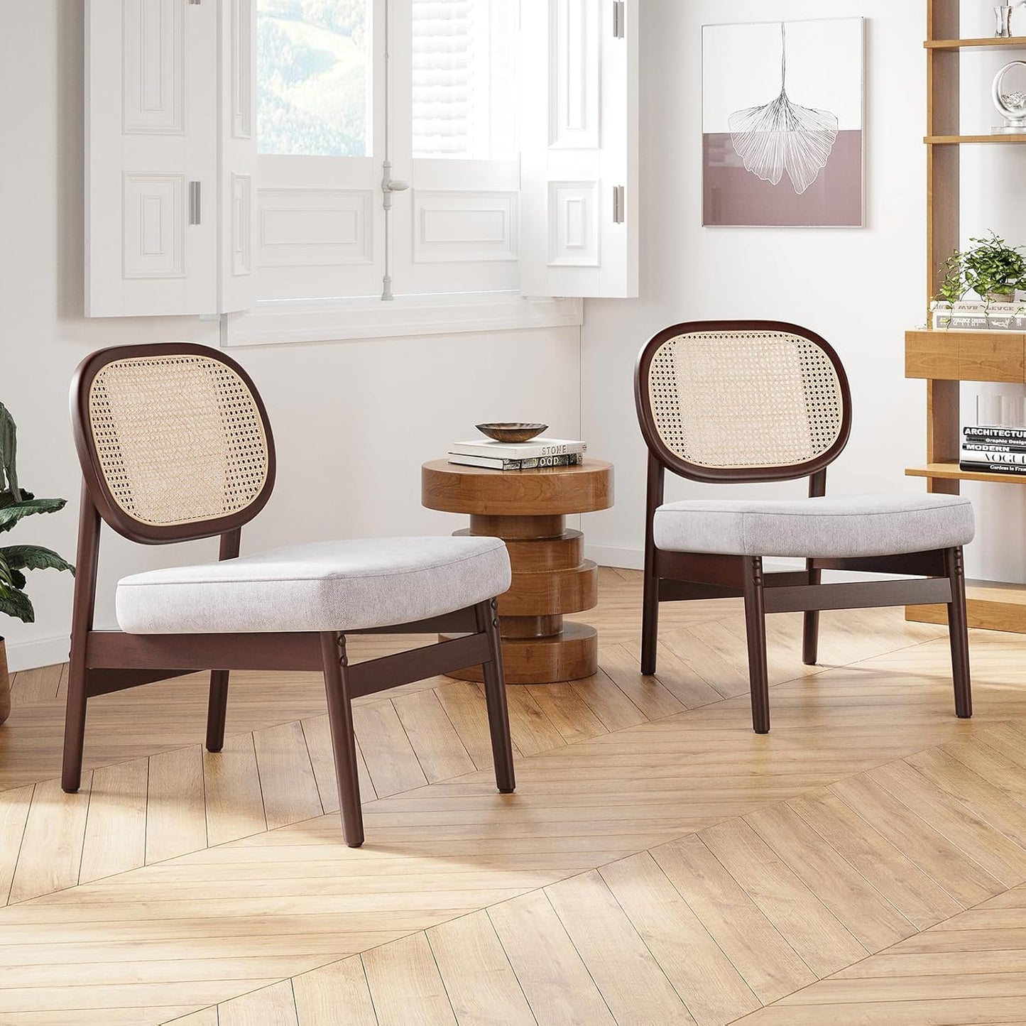 Farini Rattan Accent Chair, Upholstered Living Room Chair with Rattan Back & Wood Frame, Mid-Century Modern Reading Chair for Living Room, Bedroom