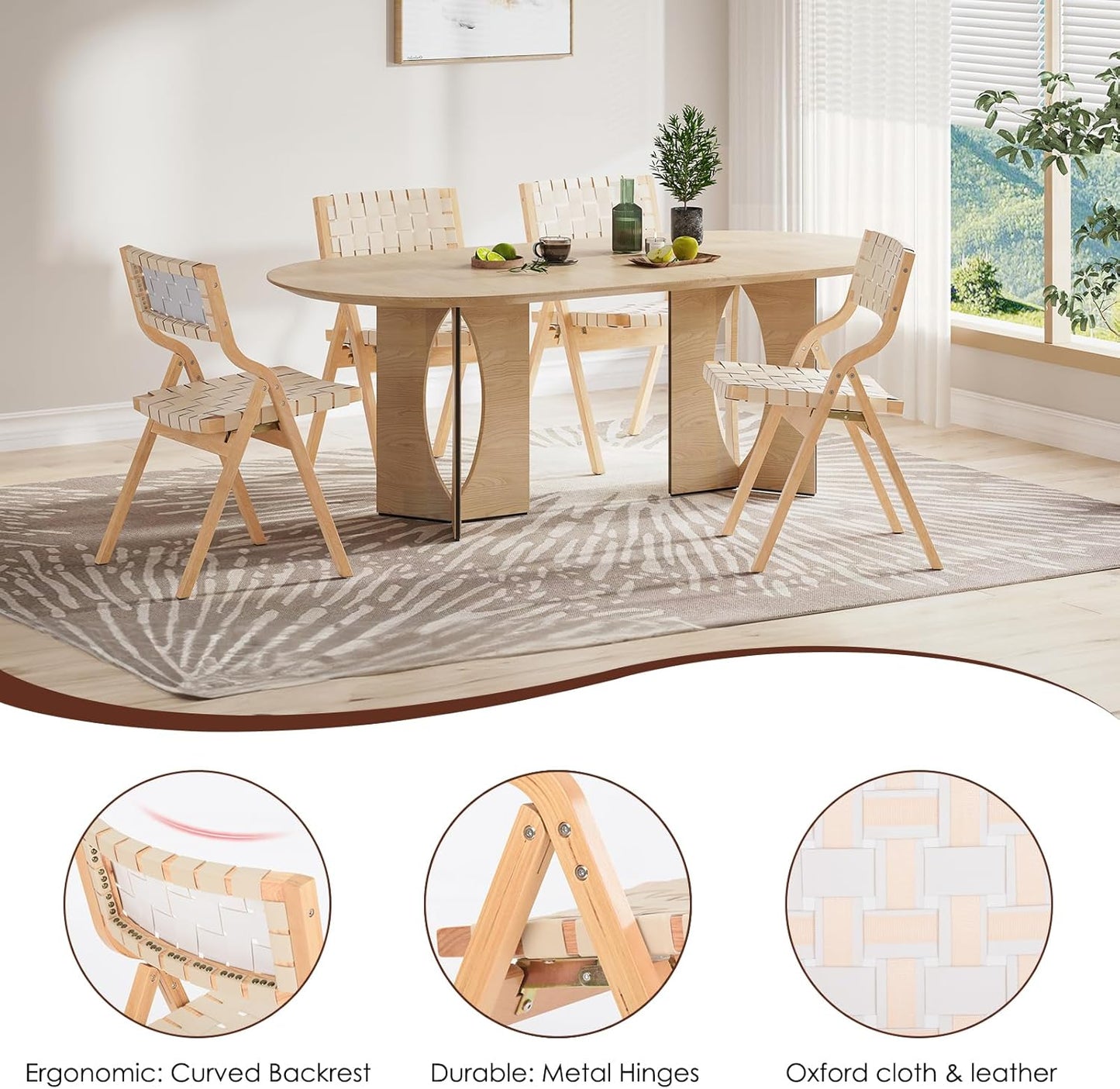 Farini Wood Folding Chairs, Foldable Chairs Wooden Indoor Stackable Dining Chairs for Kitchen & Dining Room Chair Woven Seat & Webbing Back, Dining Chair Set of 2, PU Leather