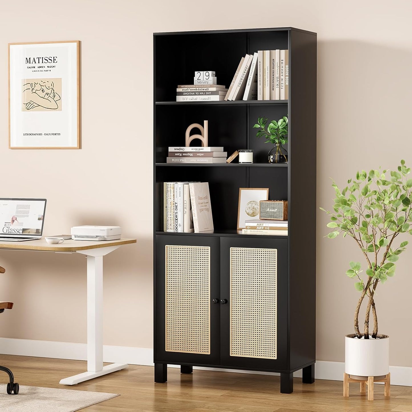 Farini Tall 5 Tier Bookcase, Storage Shelf with Rattan Doors for Living Room, Office, Library