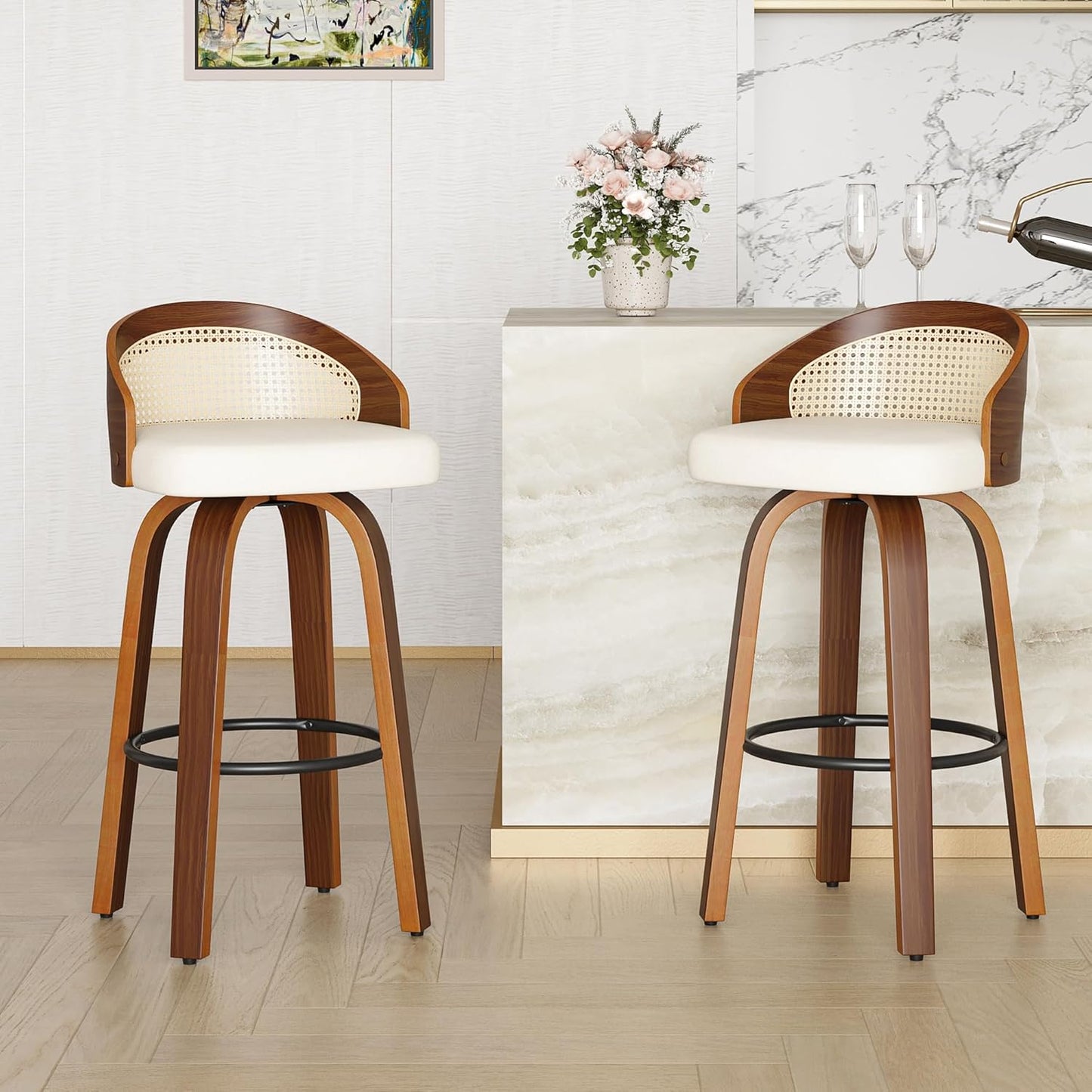 Farini Swivel Bar Stools Set of 2, Modern Wood Frame with Rattan Back, PU Leather Stool for Kitchen Counter, Mid Century Upholstered Barstools with Footrest,Industrial Counter Height Stools