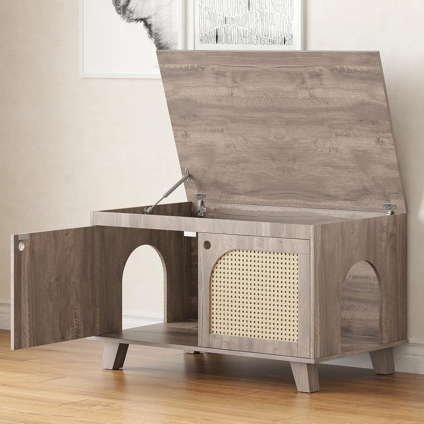 Flip Top Hidden Cat Litter Box Enclosure Furniture Cabinet with Rattan Decorated Doors for Your Home，Two Entrances