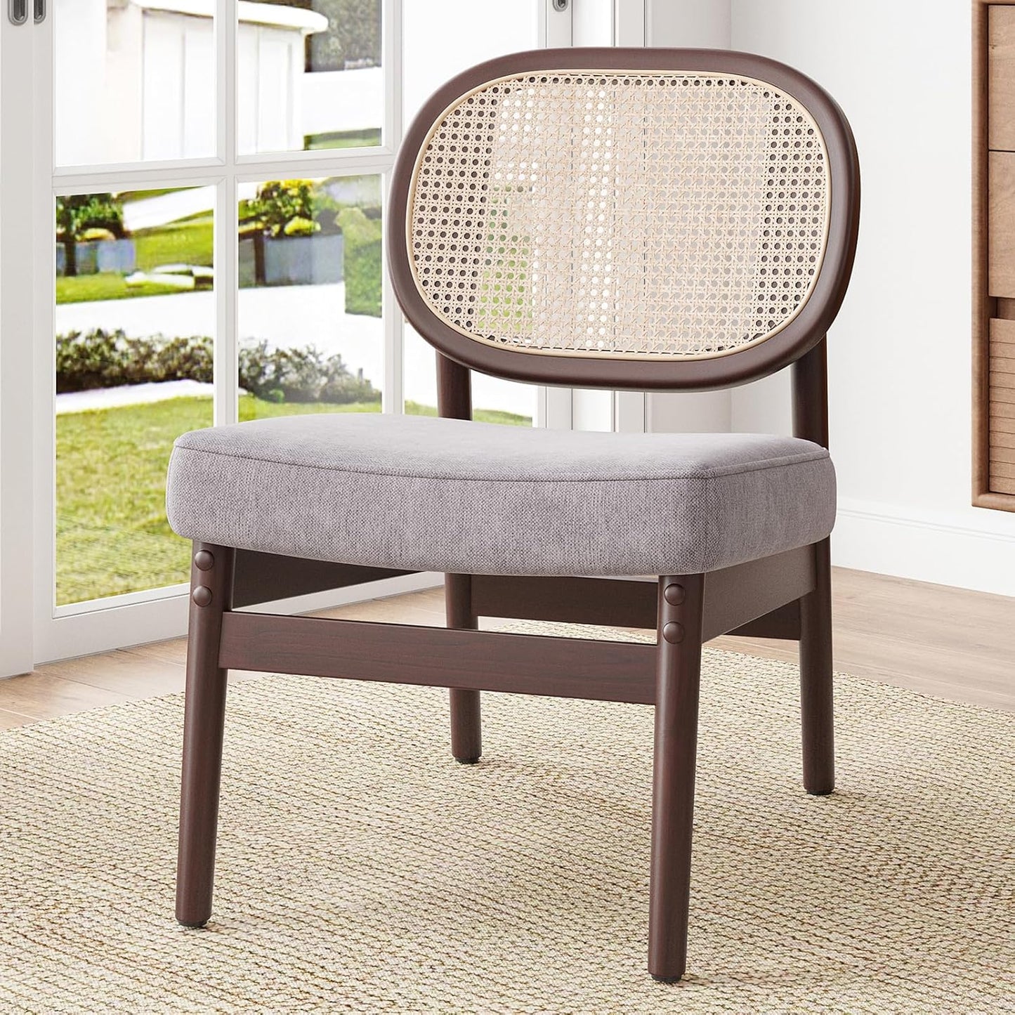 Farini Rattan Accent Chair, Upholstered Living Room Chair with Rattan Back & Wood Frame, Mid-Century Modern Reading Chair for Living Room, Bedroom