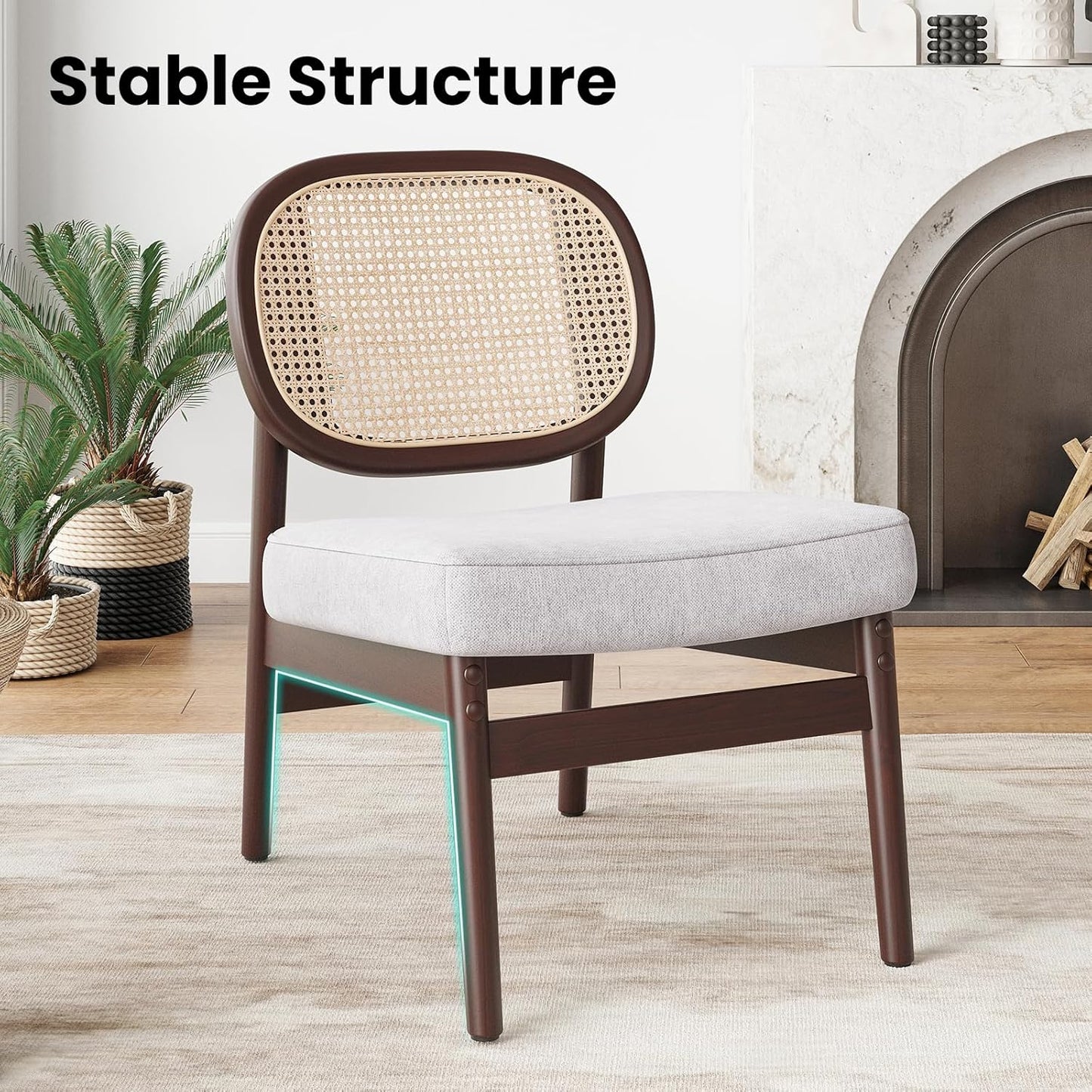 Farini Rattan Accent Chair, Upholstered Living Room Chair with Rattan Back & Wood Frame, Mid-Century Modern Reading Chair for Living Room, Bedroom