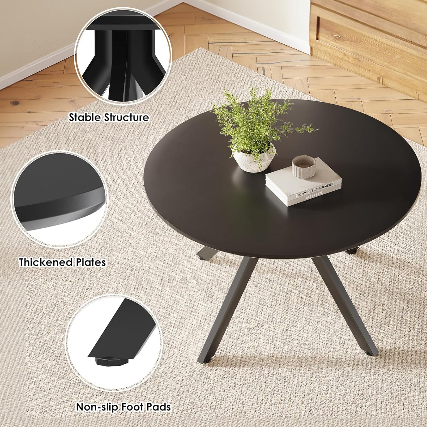 Farini Black Dining Table for 4-6 Person,47" Round Wooden Dining Table (47 inch,120cm)