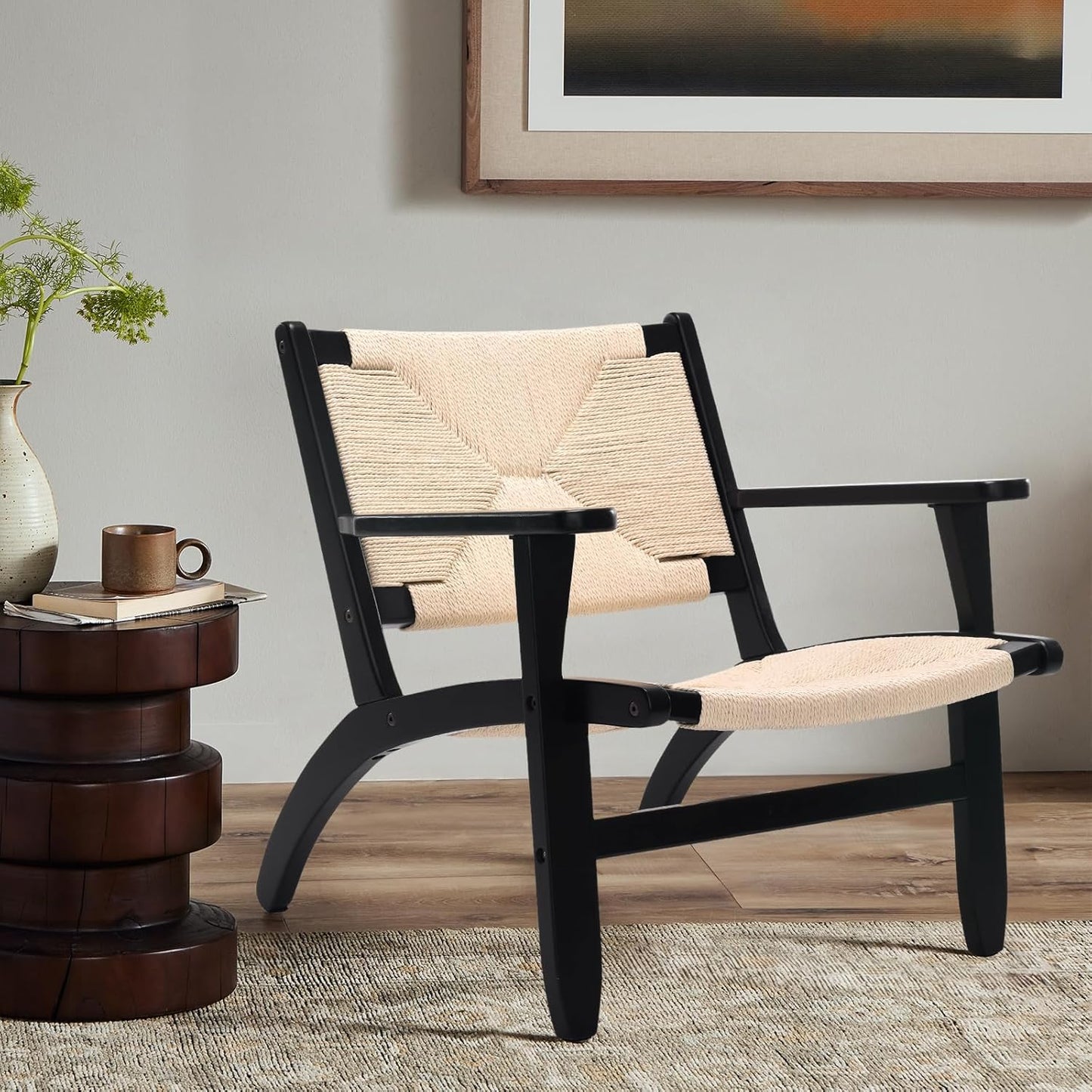 Farini Rubberwood Accent Chair for Living Room,Indoor Mid Century Woven Accent Chair with Arms,Bedroom Side Boho Chair with Kraft Paper Rope