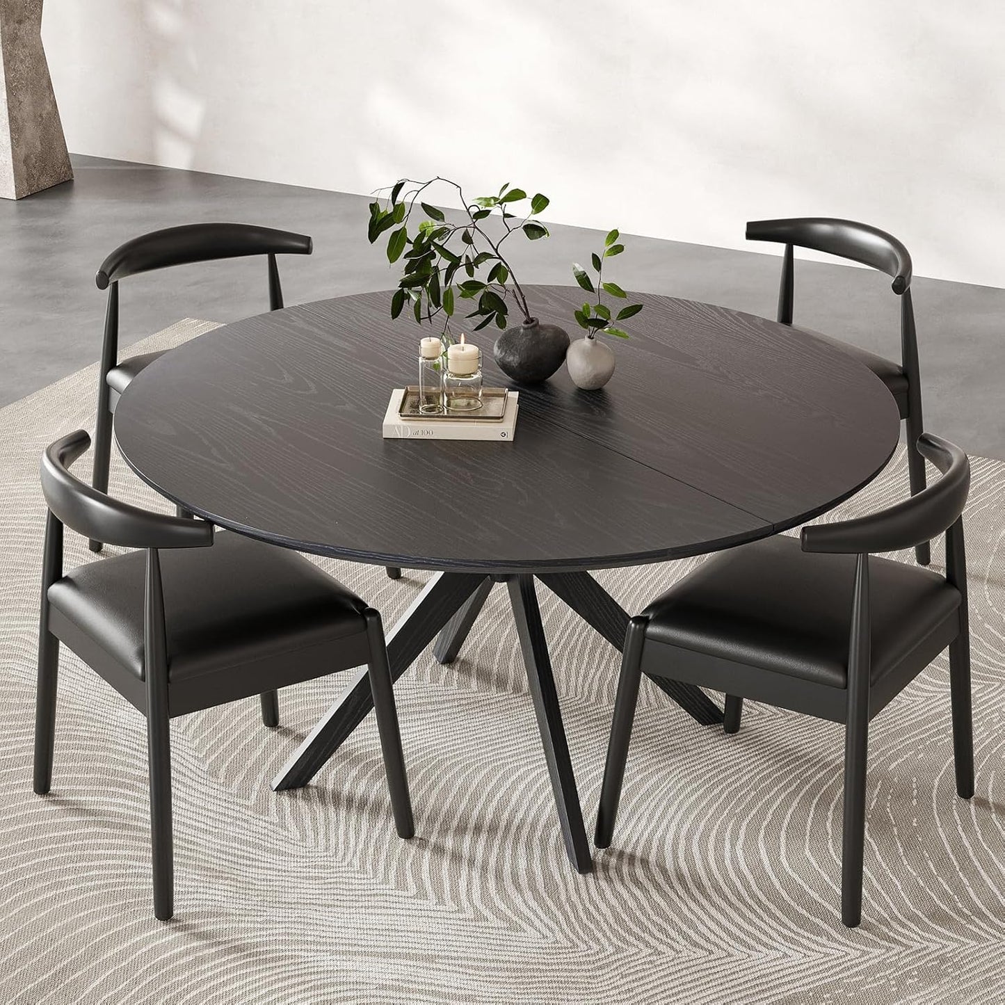 Farini 47.2" Solid Wood Round Dining Kitchen Table for 4-6 People with Intersecting Pedestal Base