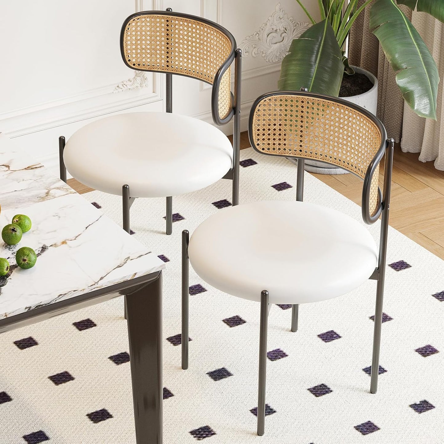 Farini Dining Chairs Set of 4, PU Leather Upholstered Seat with Woven Rattan Back, Sturdy Metal Legs Modern Side Chairs for Kitchen Living Room Restaurant