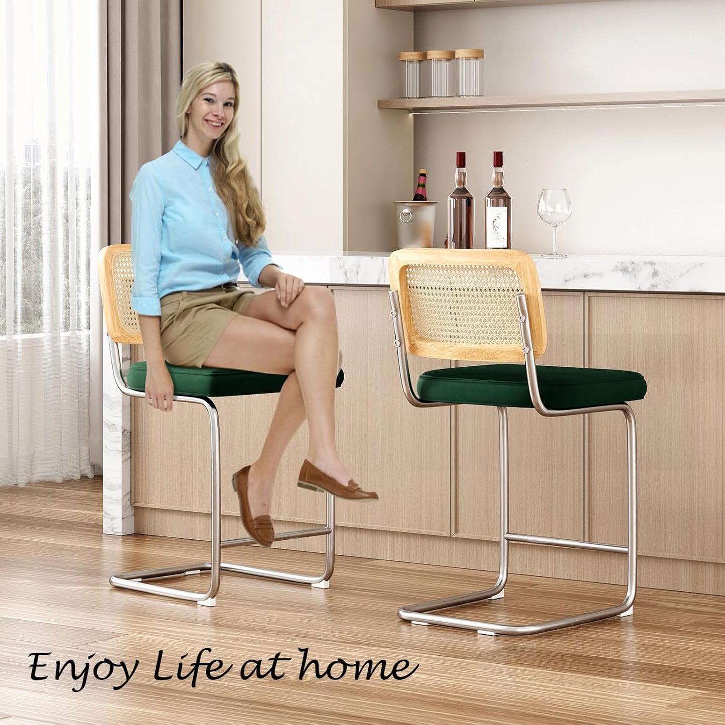 Farini Counter Height Bar Stools Set of 2, Upholstered Velvet Barstools with Rattan Back, 24 inch Stools Armless Bar Chairs for Kitchen Island