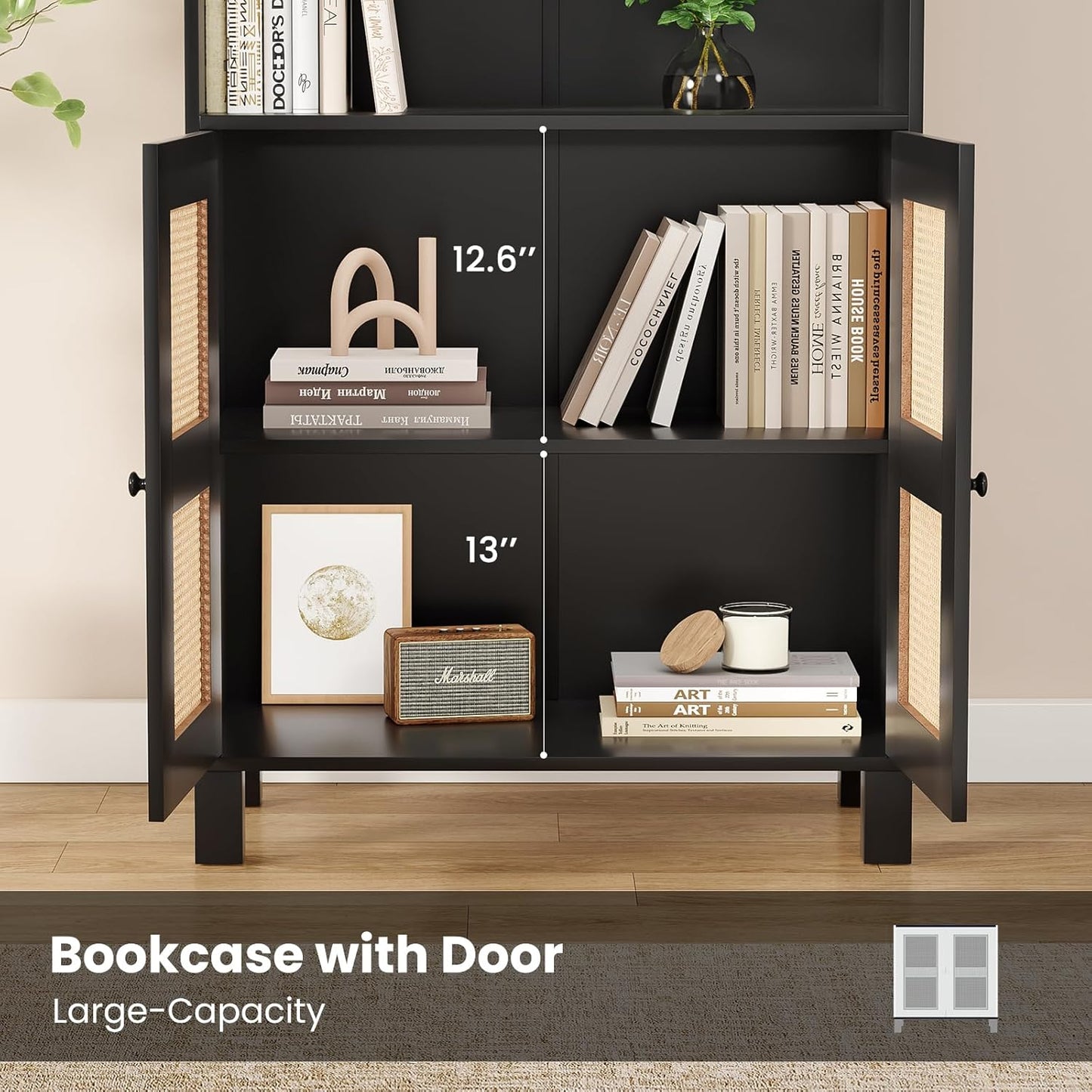 Farini Tall 5 Tier Bookcase, Storage Shelf with Rattan Doors for Living Room, Office, Library