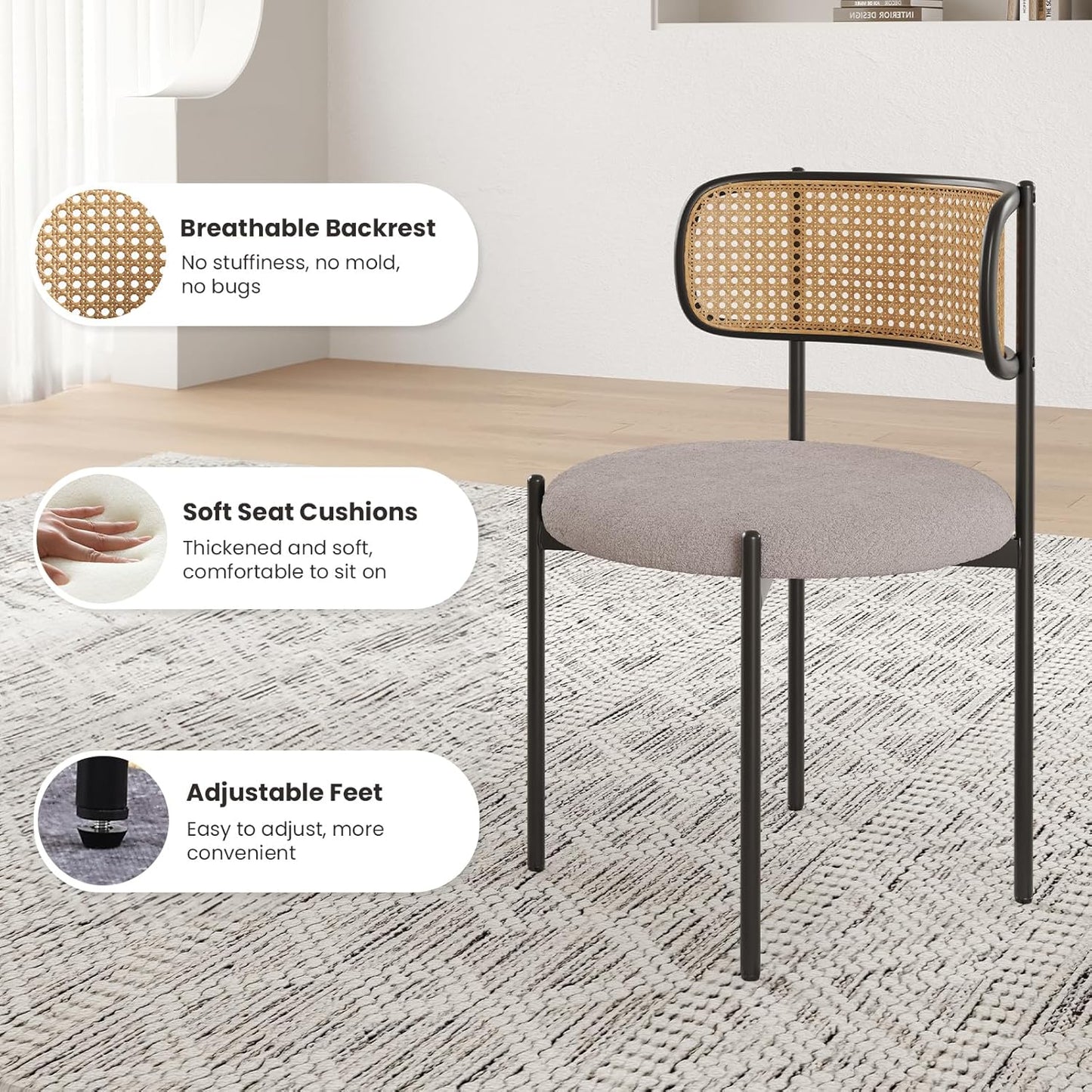 Farini Modern Upholstered Dining Chairs Set of 4,Rattan Back Dining Room Chairs,Accent Kitchen Chairs with Metal Legs,Light Gray