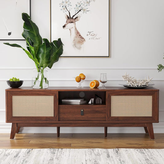 Farini Rattan TV Stand for TVs, Wood TV Stand Mid Century Modern TV Stand TV Media Console with Drawer and 2 Cabinets, Boho Entertainment Center for Living Room