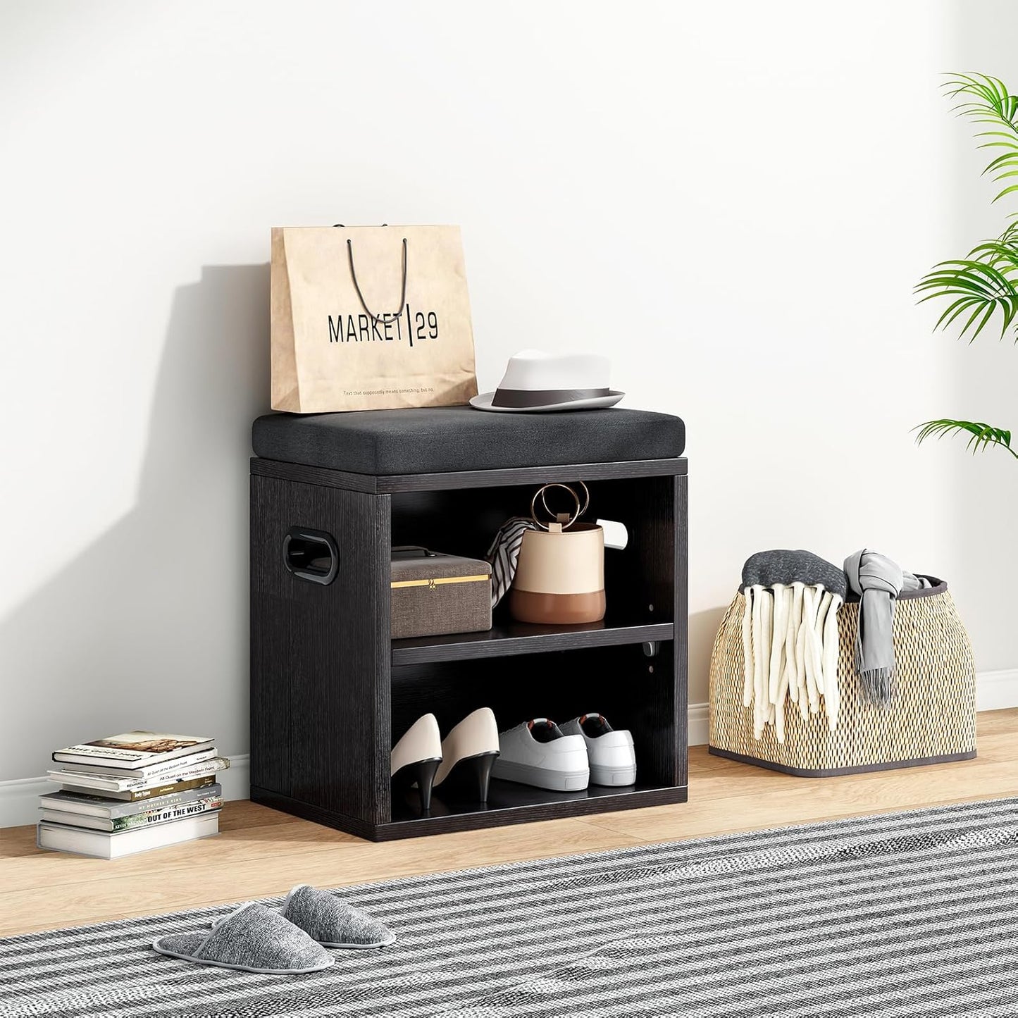 Farini Small Shoe Bench for Entryway With Cushion, Storage and Seating - White Rack With Bench Seat