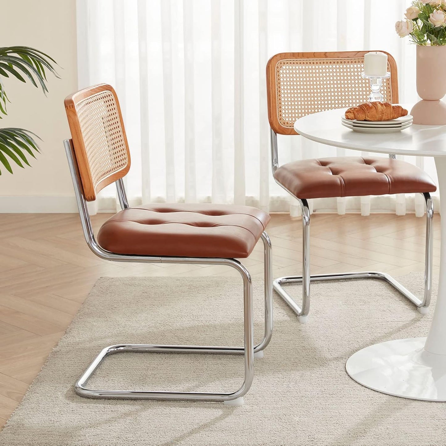 Farini Kitchen Dining Chairs Set of 2,Mid-Century Modern Chair Armless Mesh Backrest Cane Rattan Chairs for Home Dining Room(Brown,PU Leather)