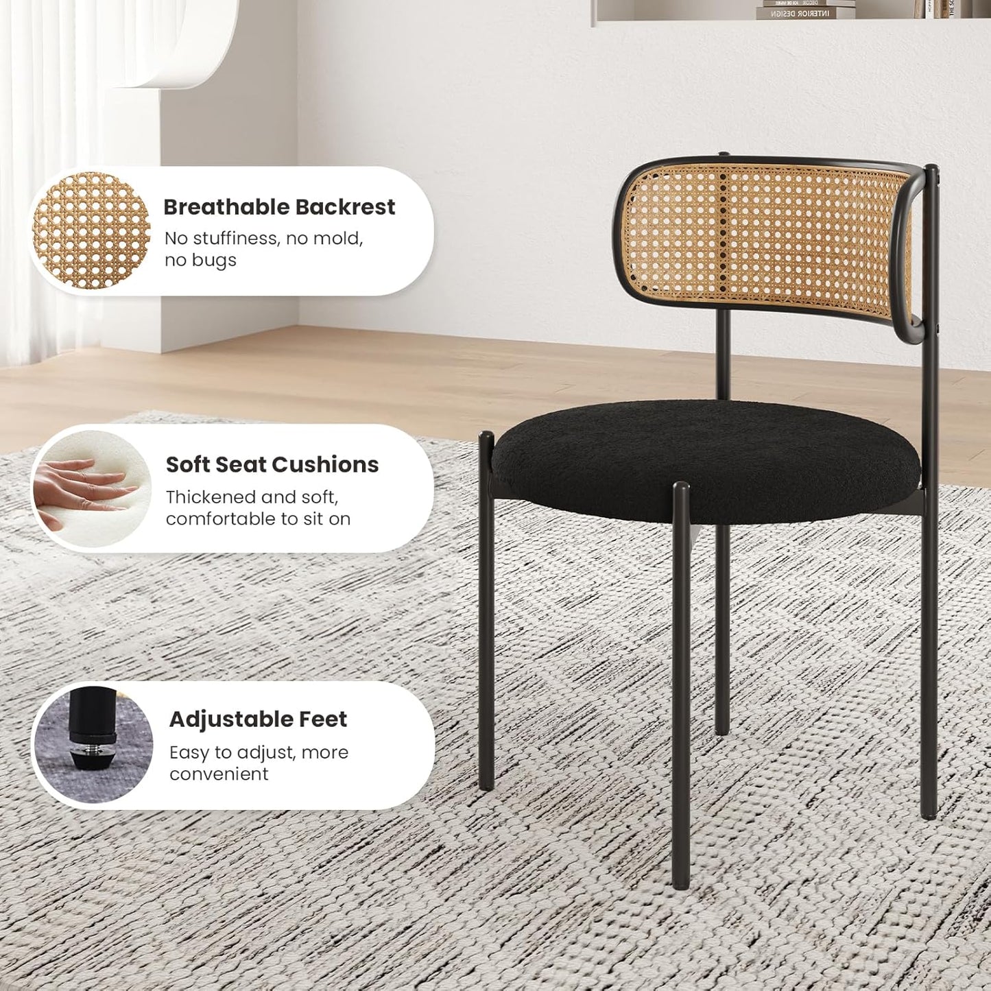 Farini Modern Upholstered Dining Chairs Set of 2,Rattan Back Dining Room Chairs,Accent Kitchen Chairs with Metal Legs,Black