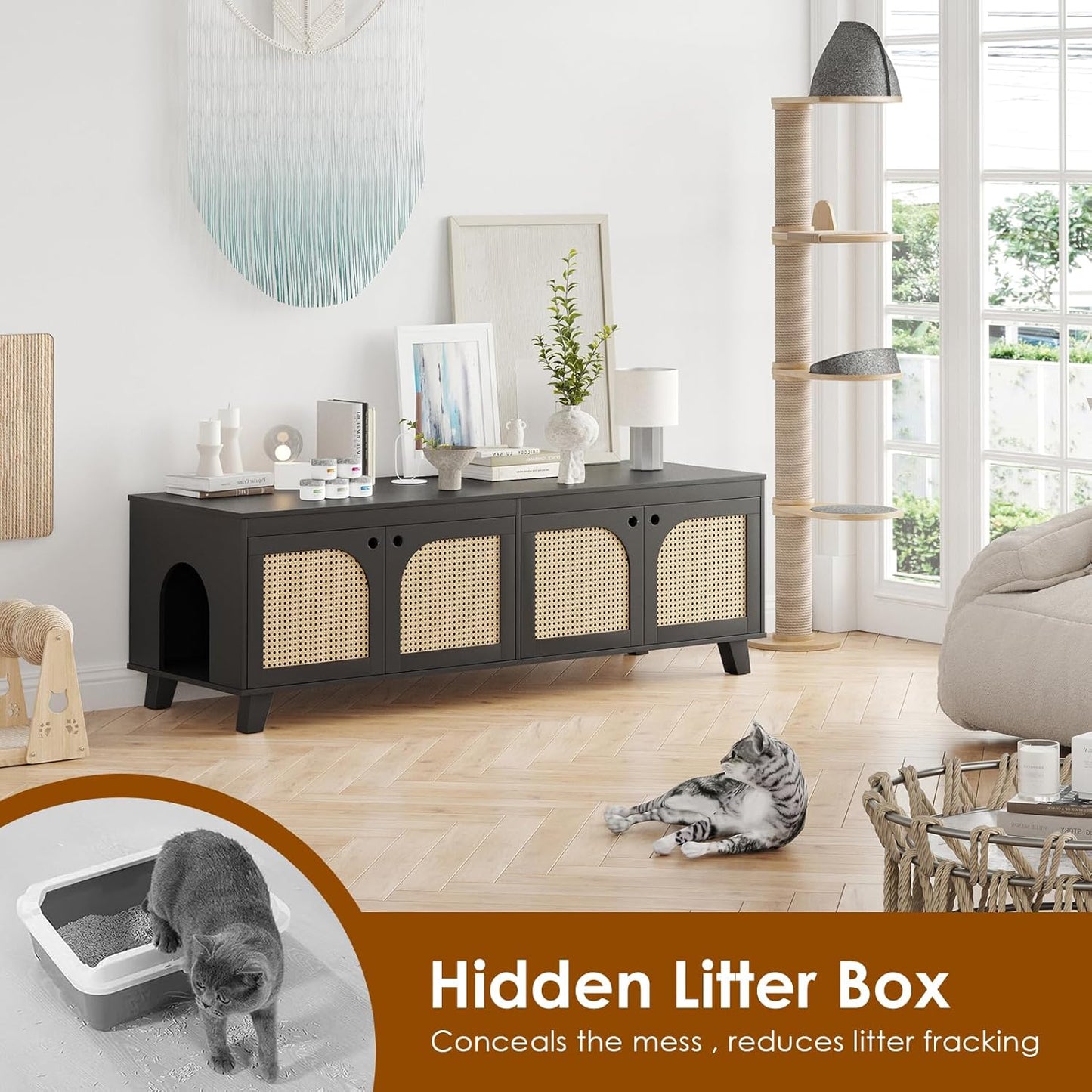 Double Hidden Cat Litter Box Enclosure Furniture Cabinet with Rattan Decorated Doors for Two Cats，Two Entrances