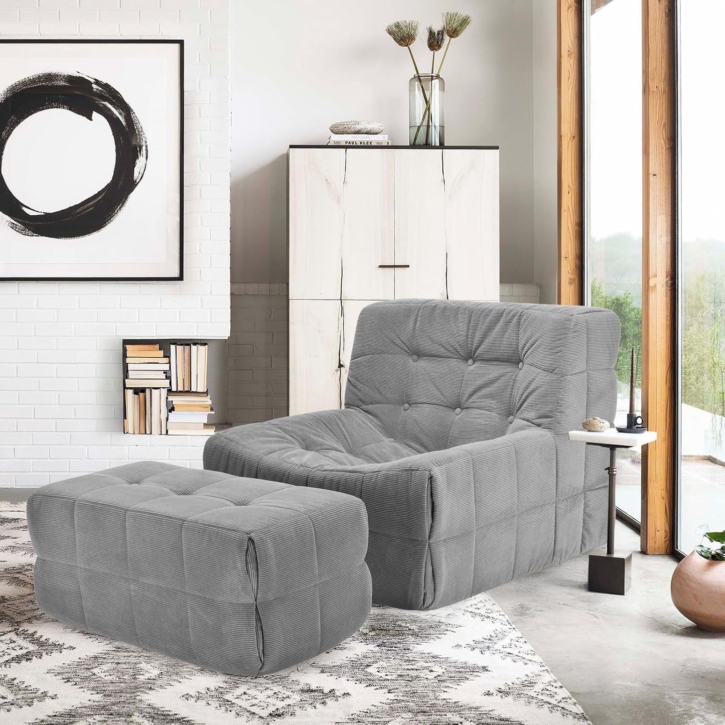 Farini Bean Bag Chair for Adults with Ottoman, Oversized Beanbag Chairs with High-Density Memory Foam, Comfy Lazy Sofa with Head, Neck, Back, Lumbar, Hip Support for Living Room, Bedroom