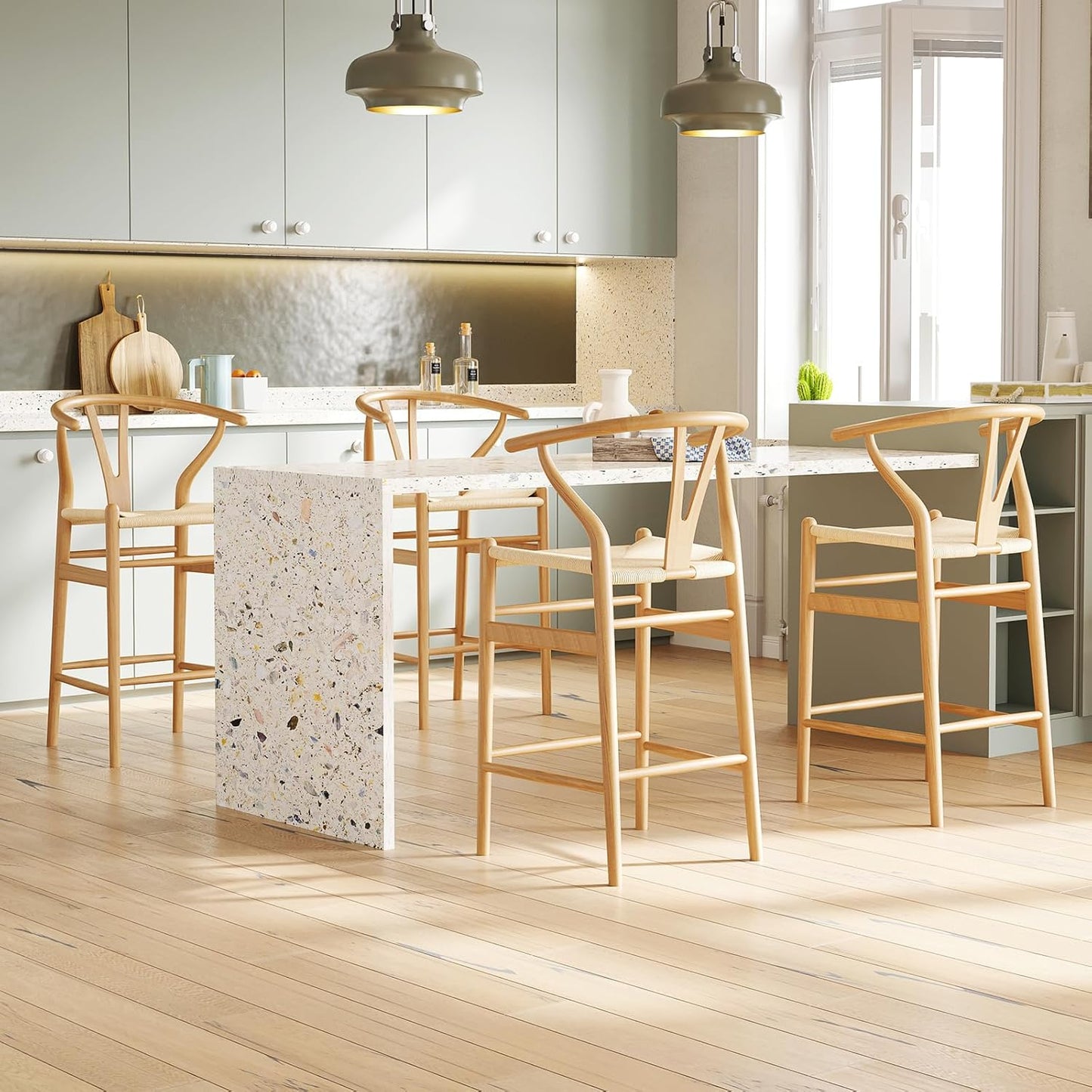 Farini Fully Assembled Wishbone Barstool Set of 2,Weave Counter Height Bar Stool for Kitchen Island,Nature