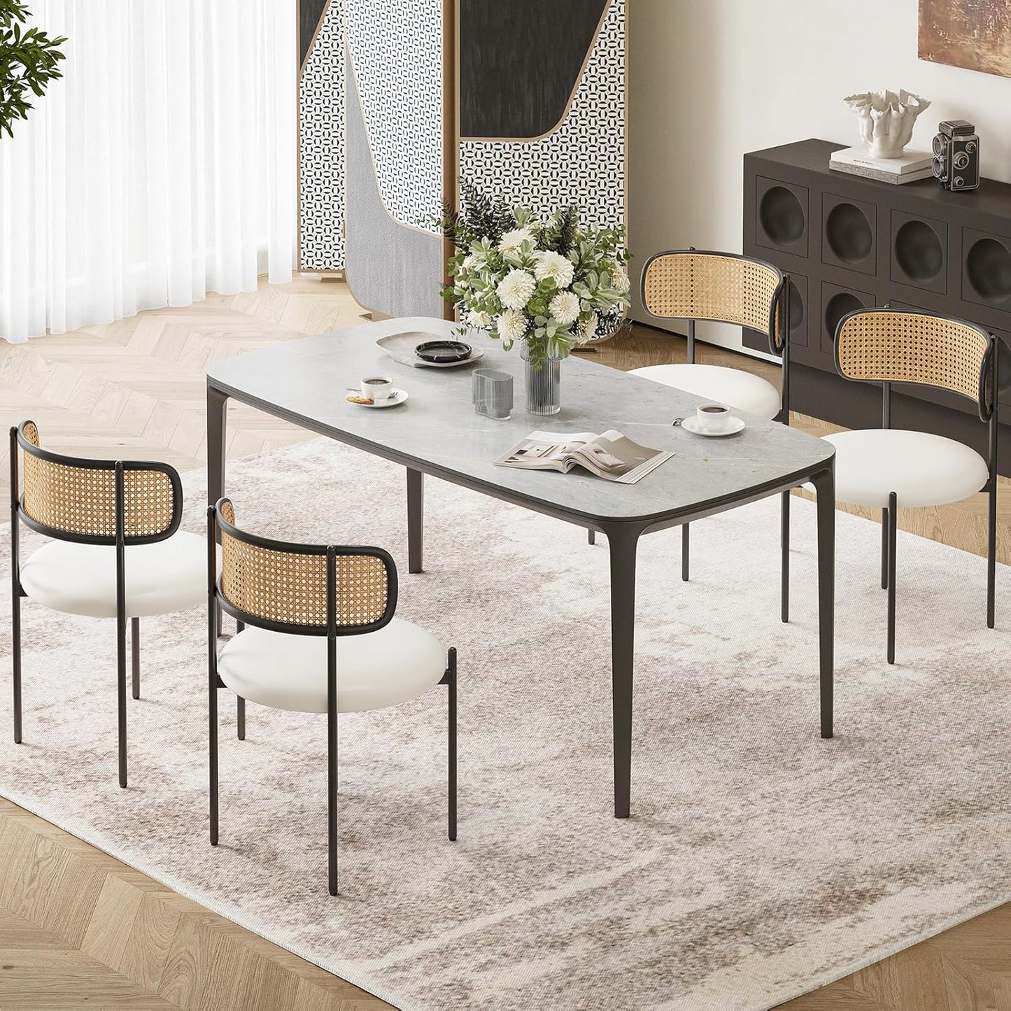 Farini Dining Chairs Set of 4, PU Leather Upholstered Seat with Woven Rattan Back, Sturdy Metal Legs Modern Side Chairs for Kitchen Living Room Restaurant