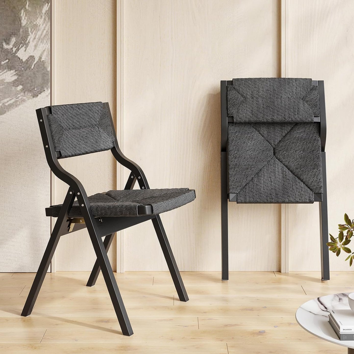 Farini Wood Folding Chairs, Foldable Chairs Wooden Indoor Stackable Dining Chairs for Kitchen & Dining Room Chair Woven Seat & Webbing Back, Dining Chair Set of 2, Woven Rope