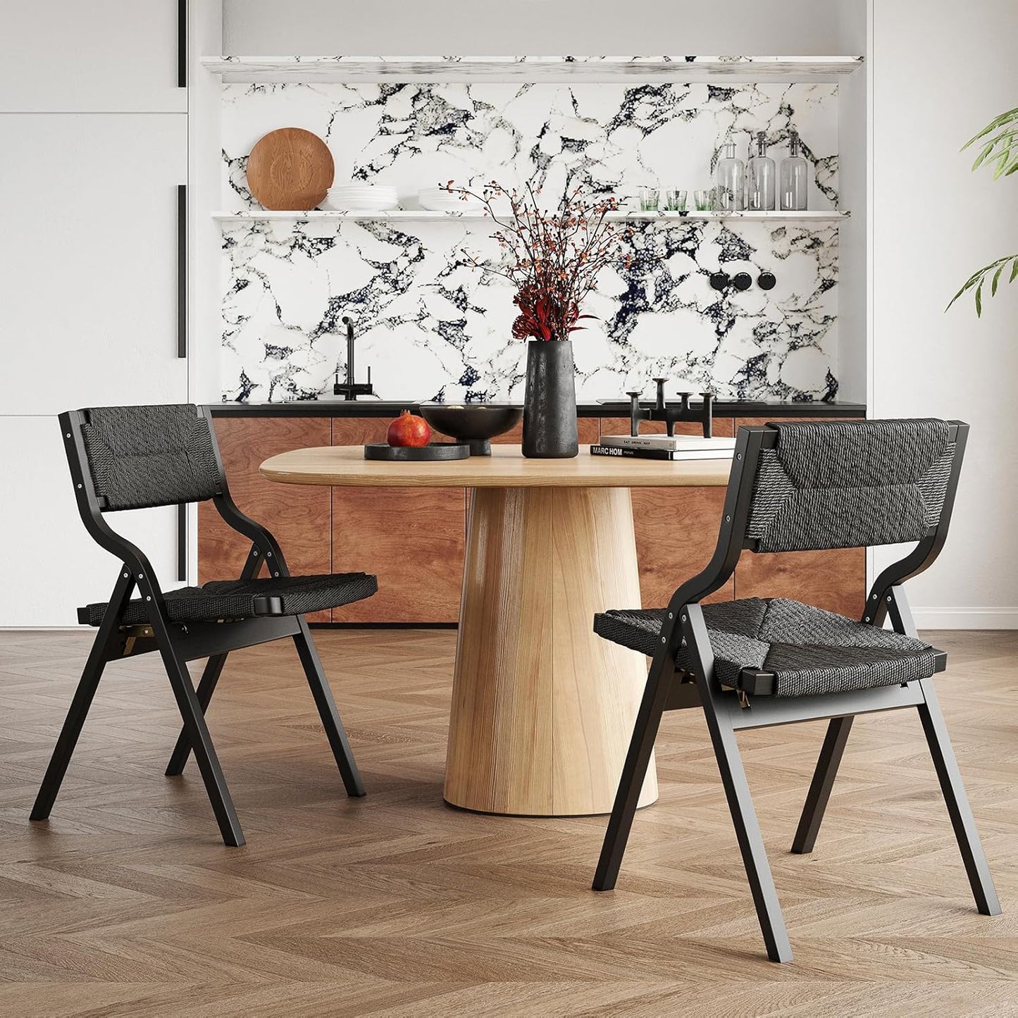 Farini Wood Folding Chairs, Foldable Chairs Wooden Indoor Stackable Dining Chairs for Kitchen & Dining Room Chair Woven Seat & Webbing Back, Dining Chair Set of 2, Woven Rope