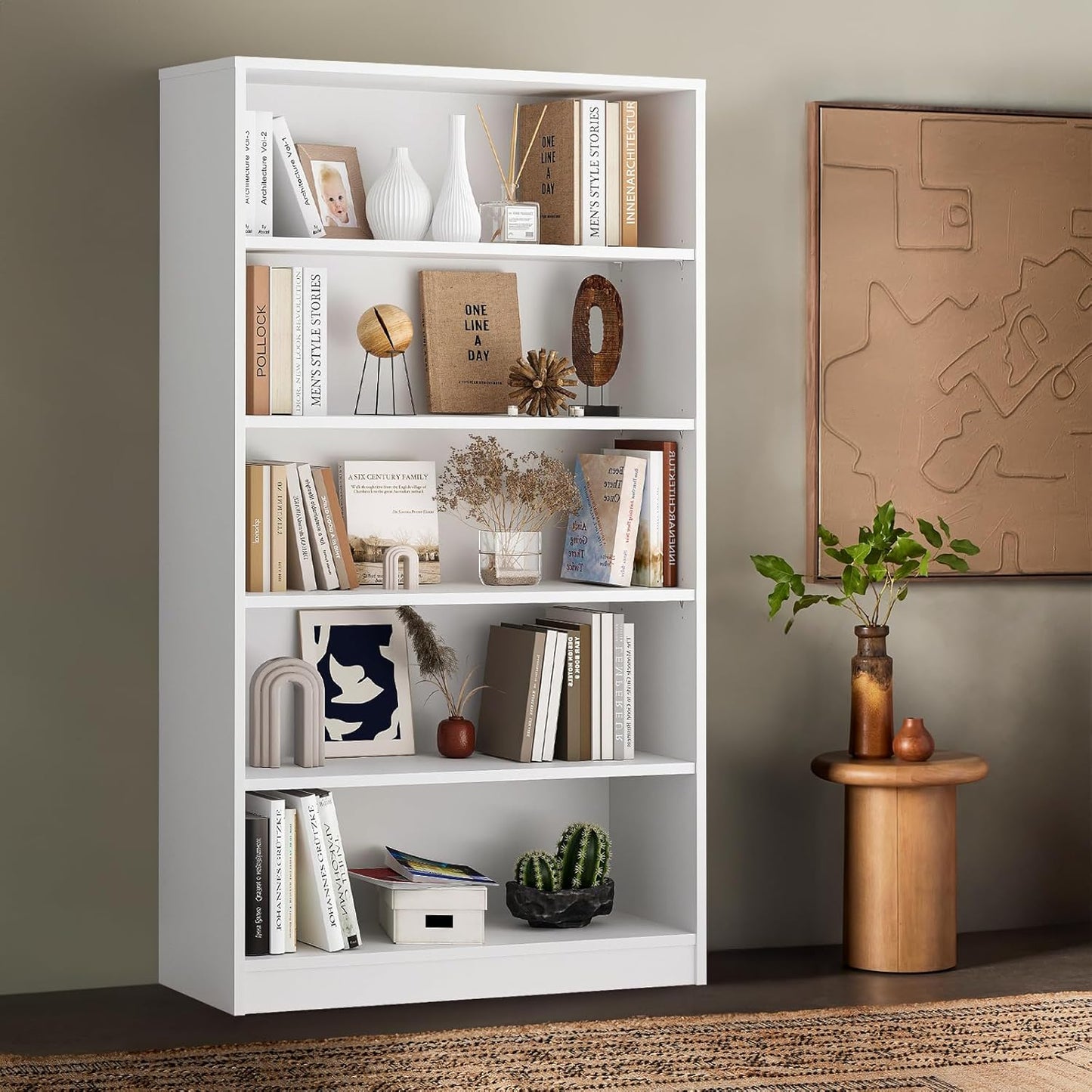 Farini White Bookcase with Adjustable Shelves, 5 Shelf Book Case, Large Tall White Bookshelf for Living Room, Bedroom, 60 in Tall, 33 in Wide, 11.6 in Deep