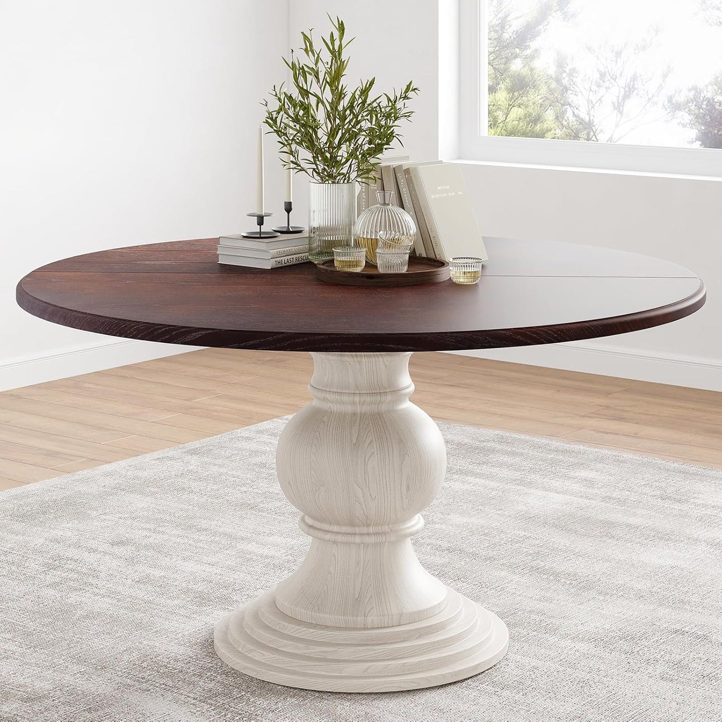 Farini 47.2" Wood Round Dining Table, Kitchen Table for 4-6 People with Pedestal Base, Ideal for Kitchen and Dining Room