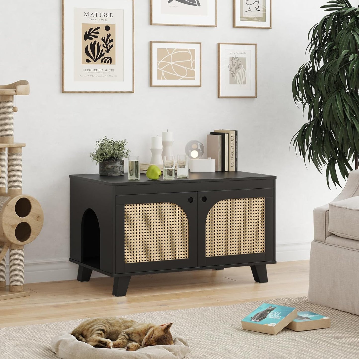 Flip Top Hidden Cat Litter Box Enclosure Furniture Cabinet with Rattan Decorated Doors for Your Home，Two Entrances