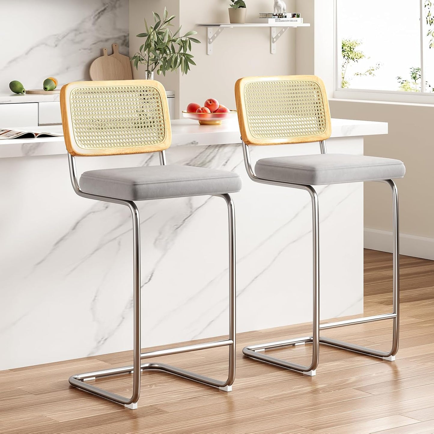 Farini Counter Height Bar Stools Set of 2, Upholstered Velvet Barstools with Rattan Back, 24 inch Stools Armless Bar Chairs for Kitchen Island