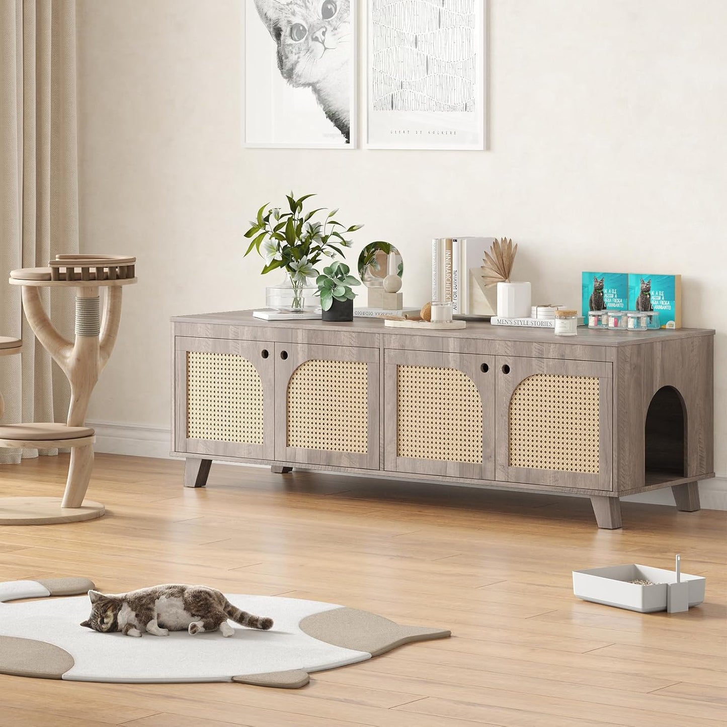 Farini Double Hidden Cat Litter Box Enclosure Furniture Cabinet with Rattan Decorated Doors for Two Cats，Two Entrances