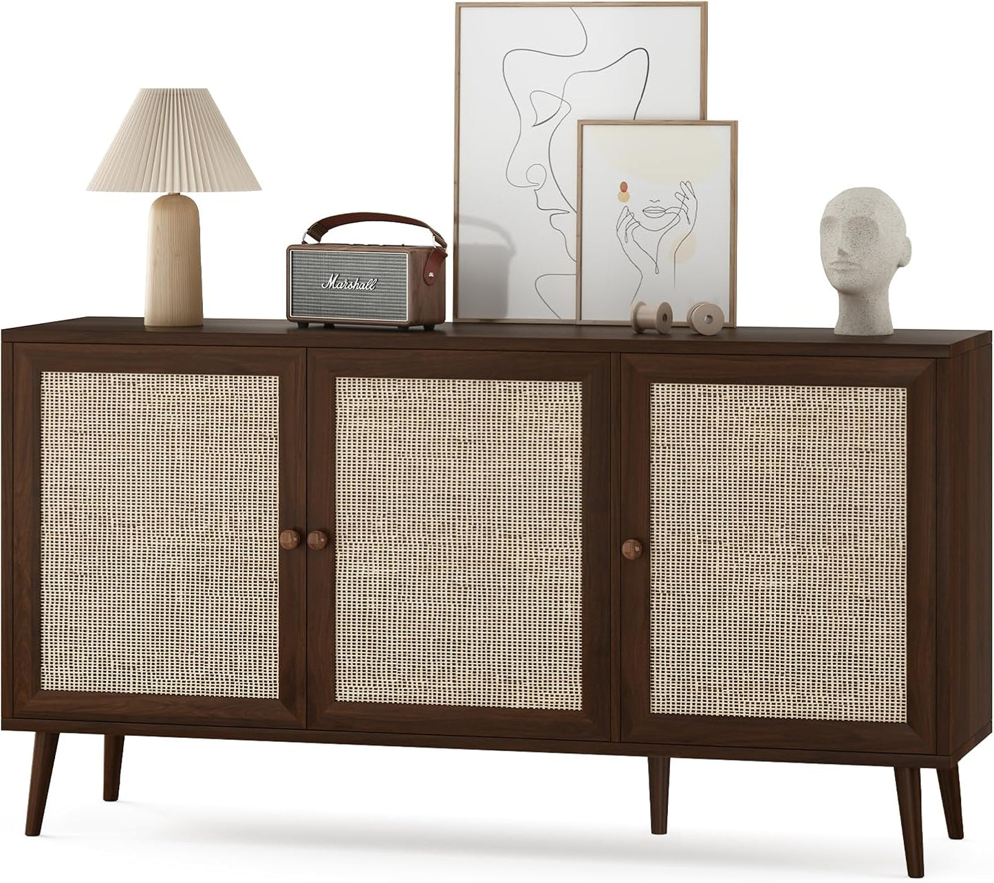 Farini Modern Sideboard Buffet, 3-Door Rattan Storage Cabinet for Kitchen, Living Room & Entryway
