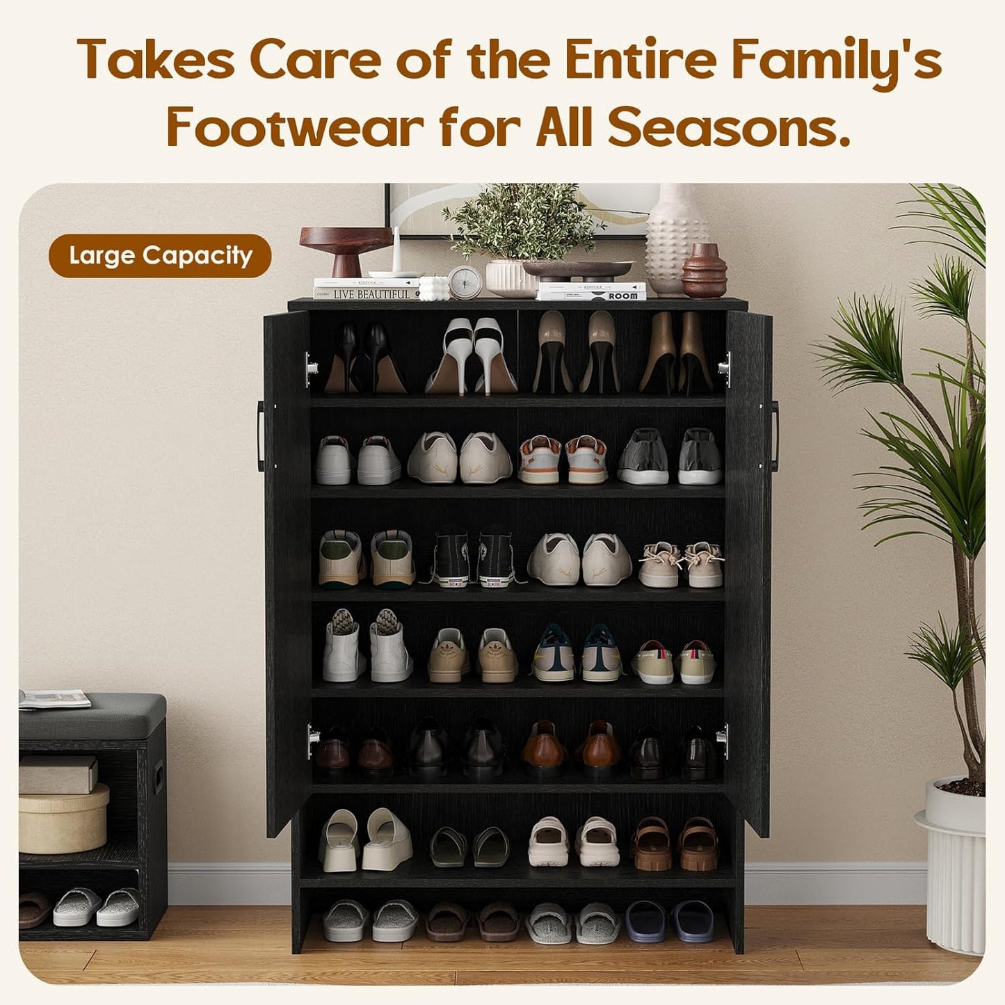Farini Shoe Cabinet with Doors, 7 Tier 28 Pairs Shoe Cabinet Storage for Entryway, Hidden Narrow Shoe Cabinets with Adjustable Shelves for Hallway, Living Room