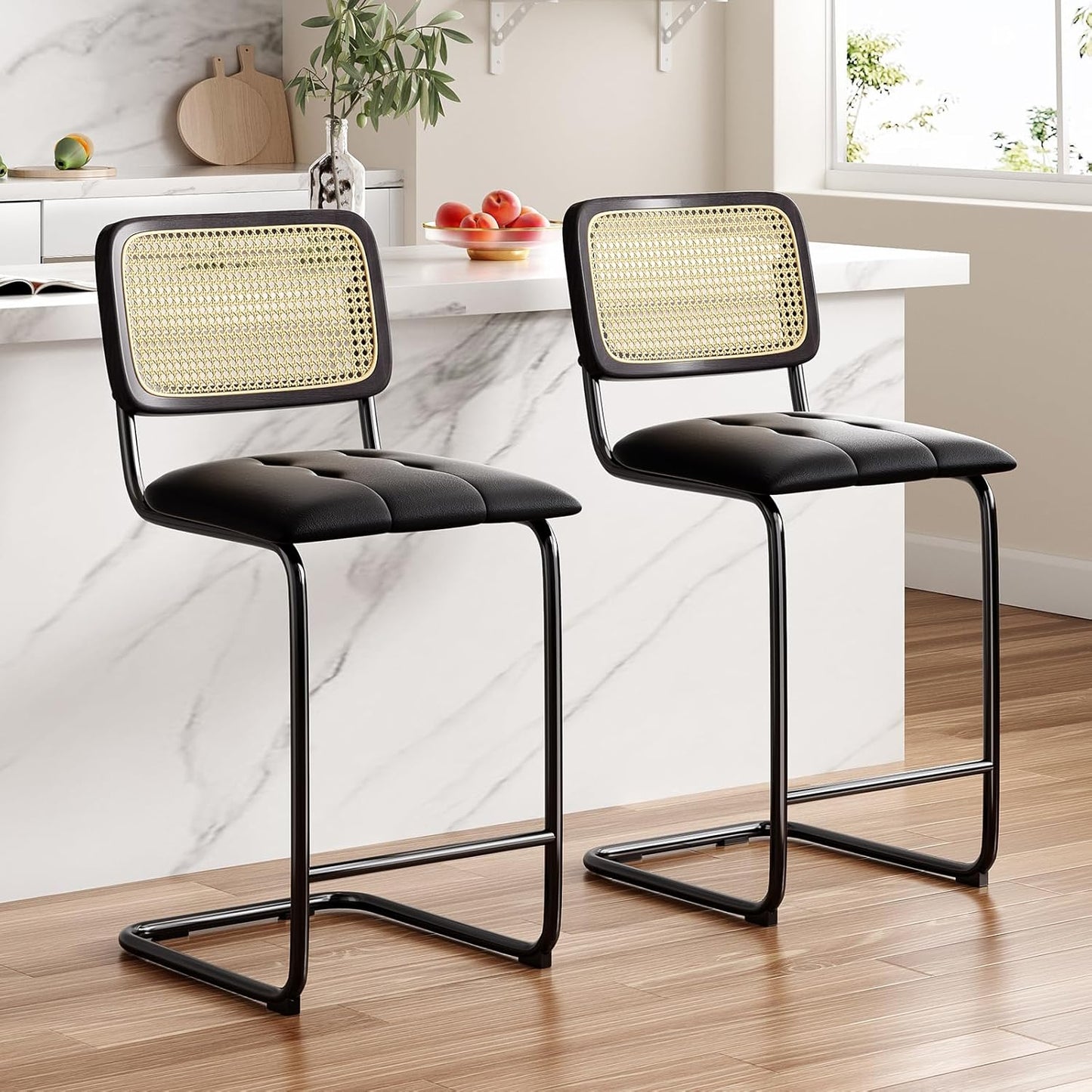 Farini Counter Height Bar Stools Set of 2, Upholstered PU Leather Barstools with Rattan Back, 24 inch Stools Armless Bar Chairs for Kitchen Island