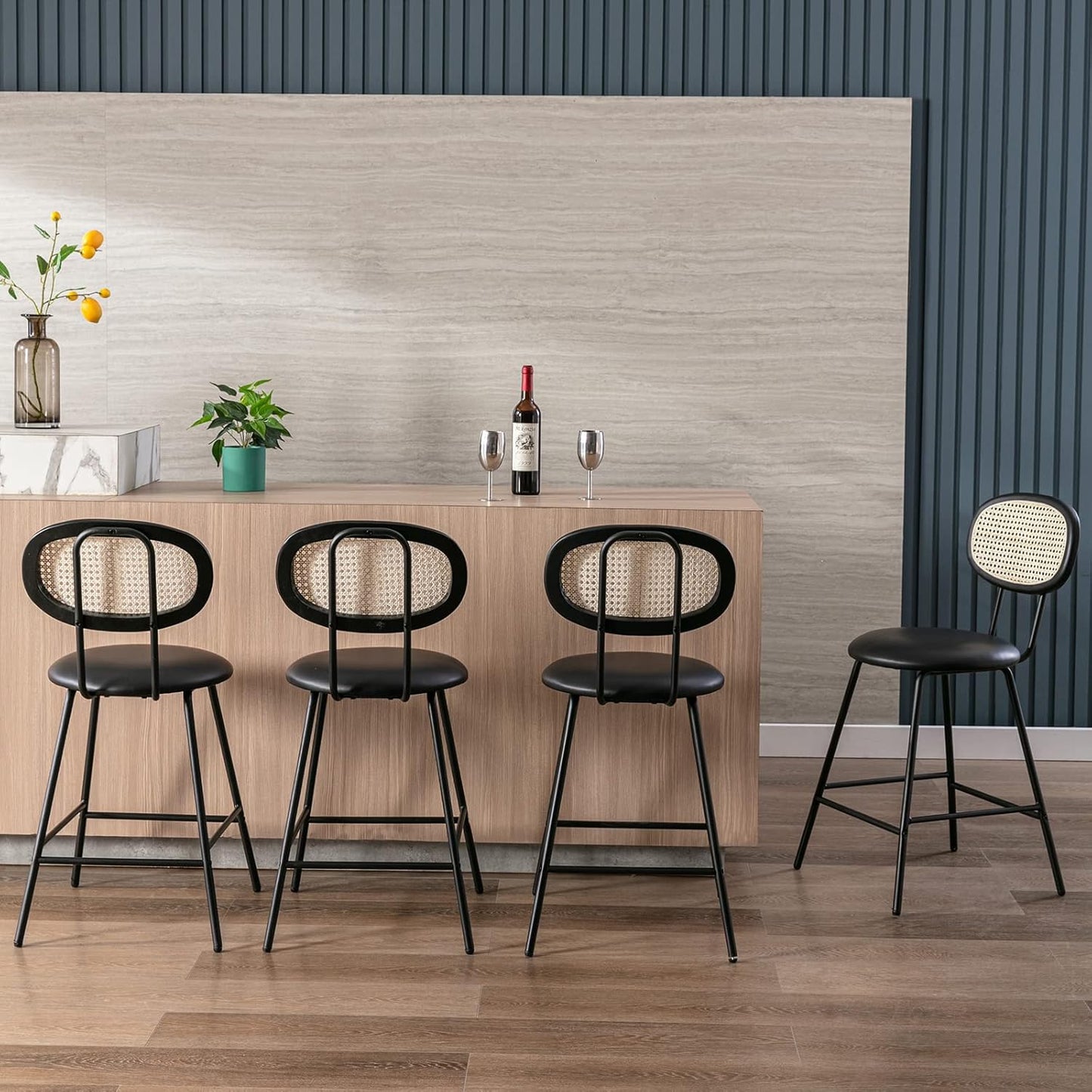 Farini Counter Stools Set of 4, Bar Stools, Indoor Metal Counter Height Barstools for Home, Faux Leather Counter Stool with Rattan Backrest