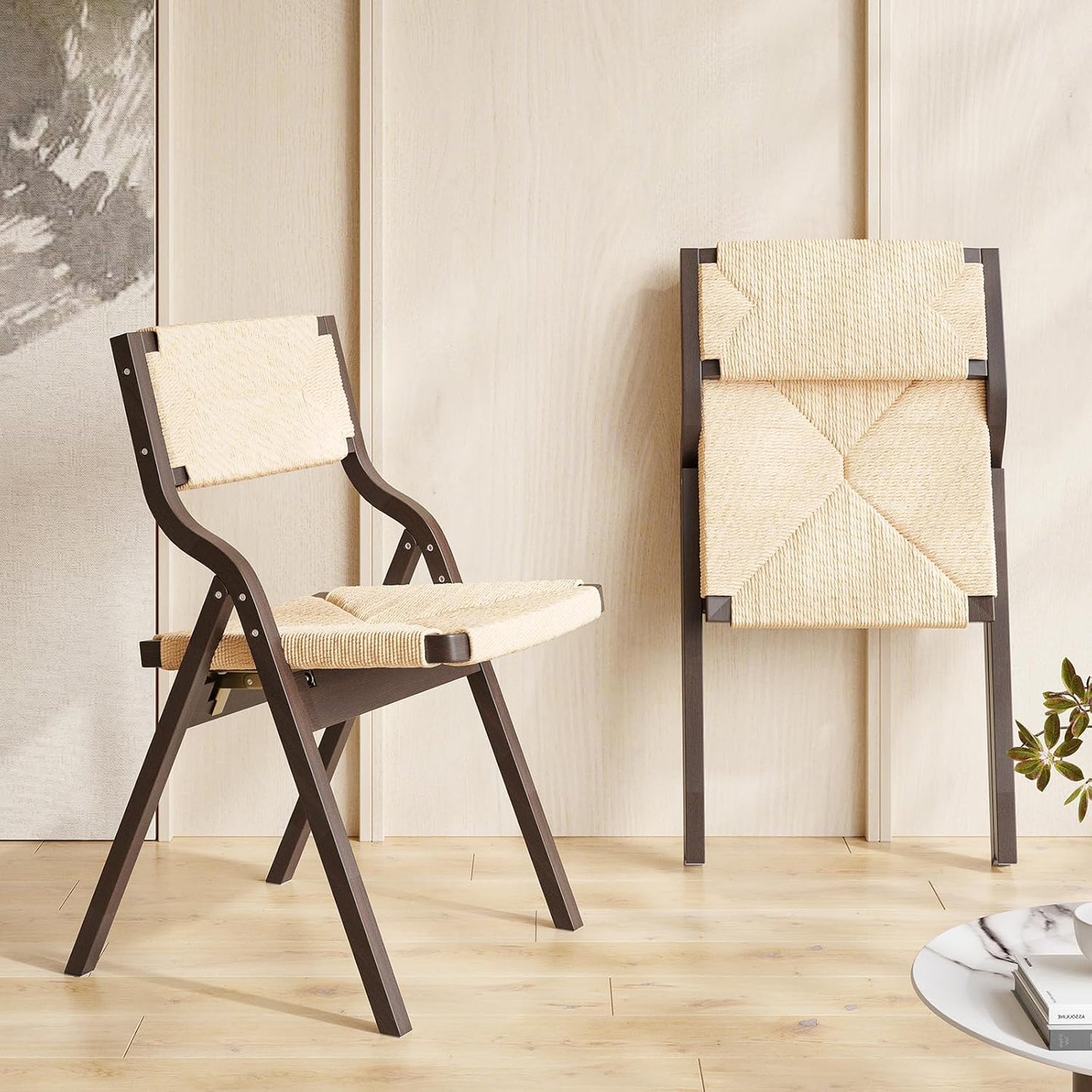 Farini Wood Folding Chairs, Foldable Chairs Wooden Indoor Stackable Dining Chairs for Kitchen & Dining Room Chair Woven Seat & Webbing Back, Dining Chair Set of 2, Woven Rope