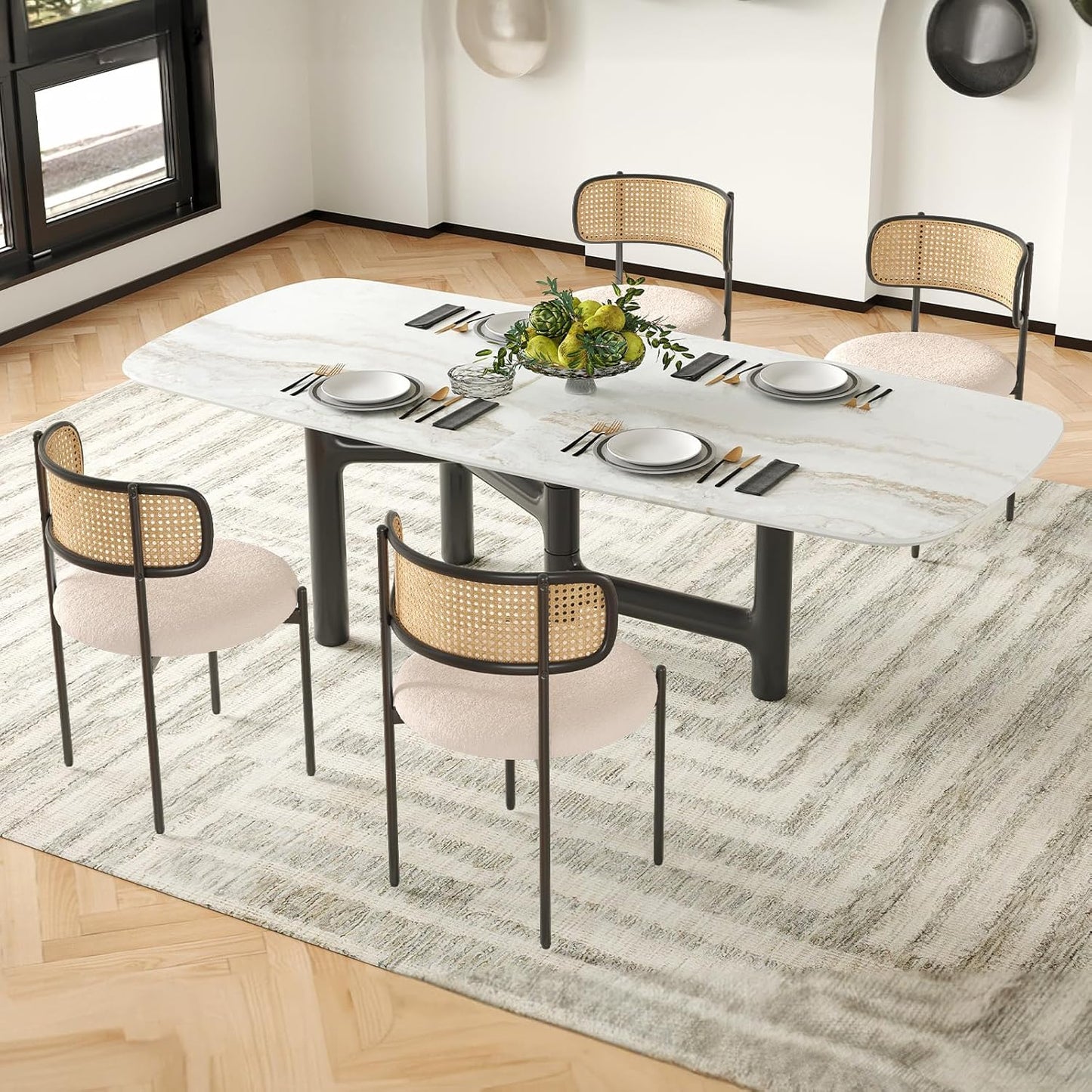 Farini Modern Upholstered Dining Chairs, Set of 4, Rattan Back Kitchen Chairs with Metal Legs, Light Brown