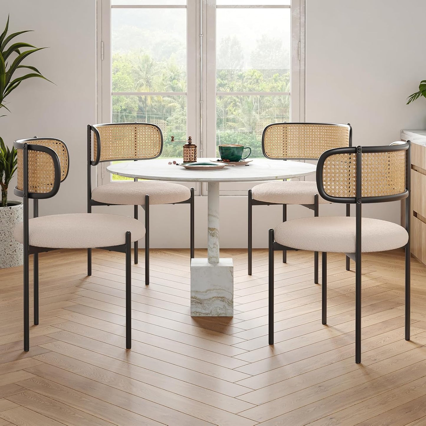 Farini Modern Upholstered Dining Chairs, Set of 4, Rattan Back Kitchen Chairs with Metal Legs, Light Brown